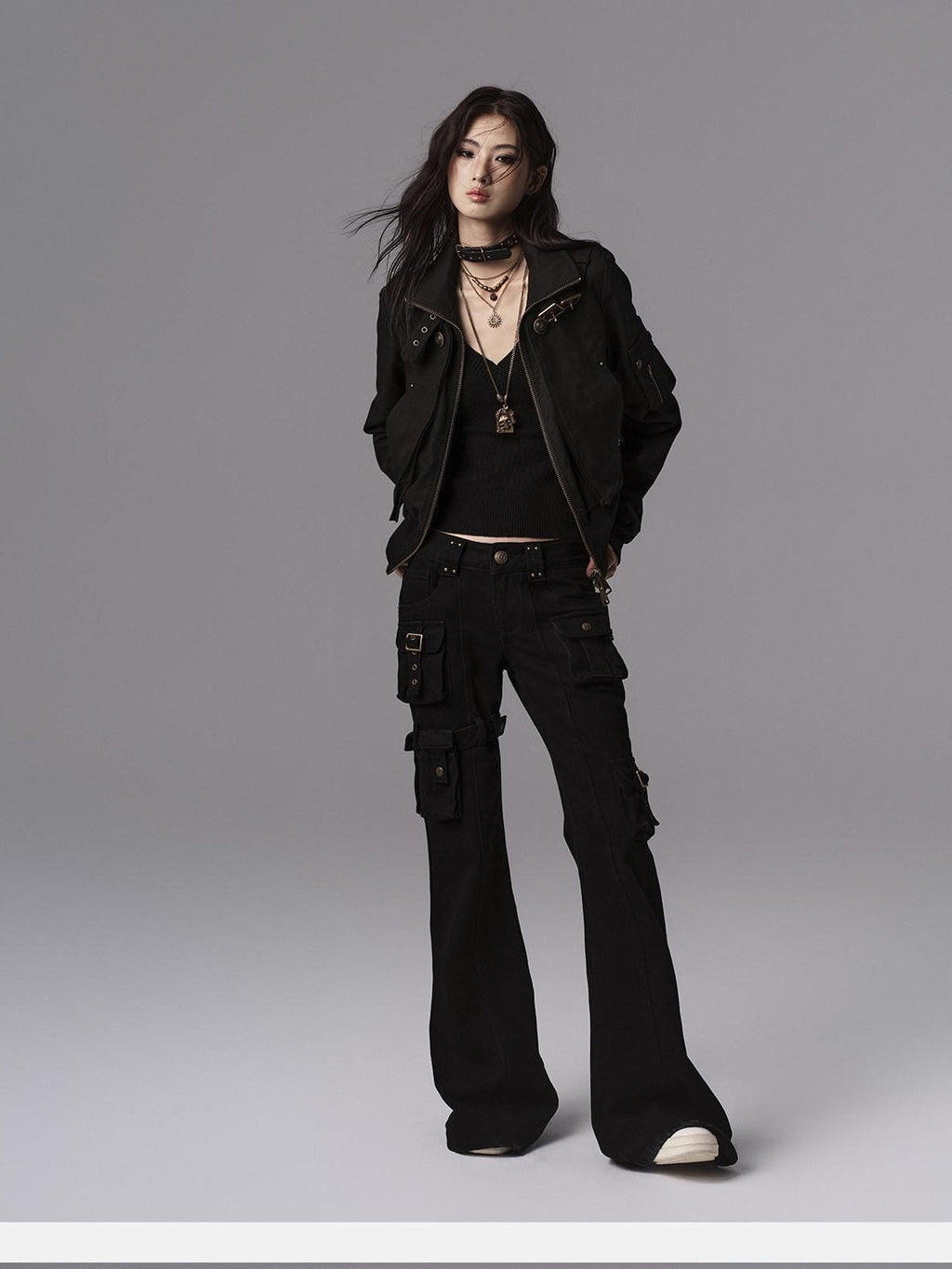 Dark Gothic Flared Mid Rise Pocketed Cotton Zip Fly Women Black Cargo Pants