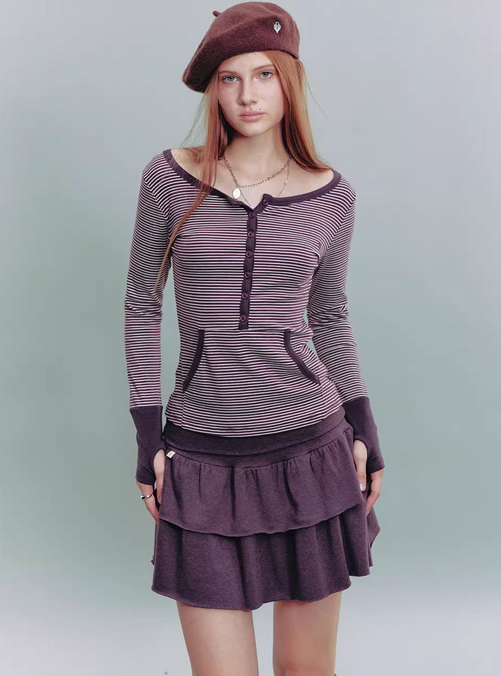 Striped Henley Slim Top (3color)