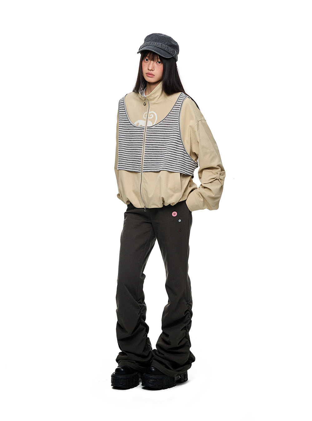 Colorblock Layered Knit Stripe Zip Jacket