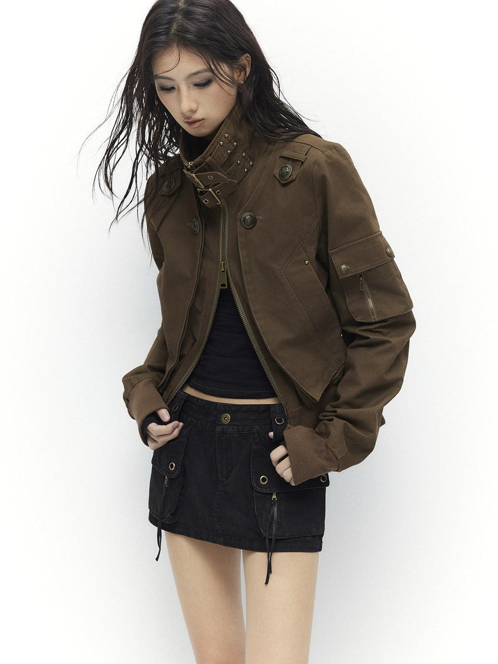 Windproof Vintage Slim Metal Detail Women Cotton Lyocell Button Cropped Jackets