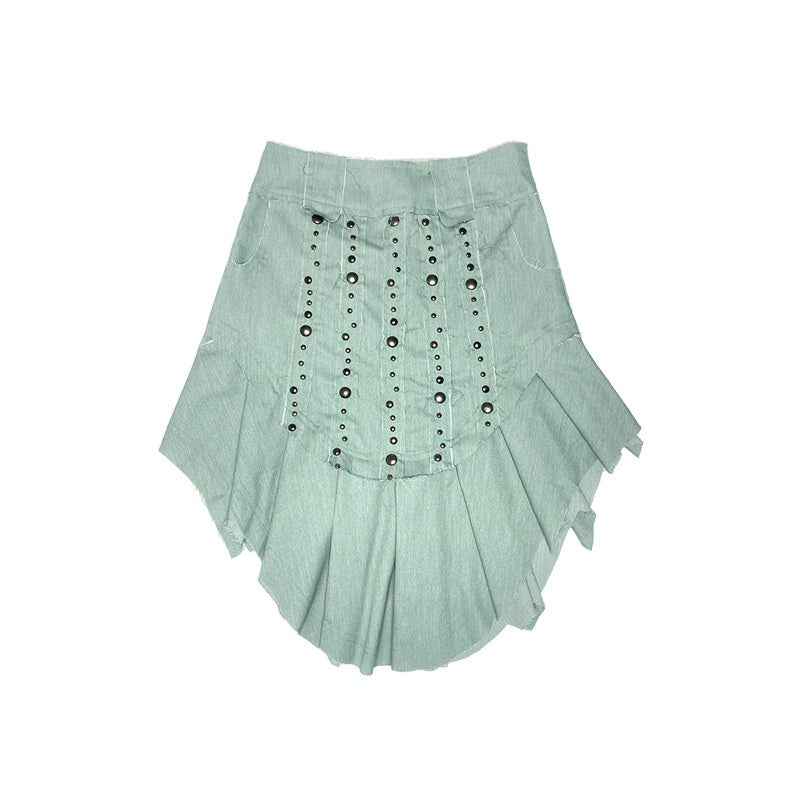 Beaded Distressed Chinese Mid Waist Irregular Hem Dark Green Zipper Midi Skirts