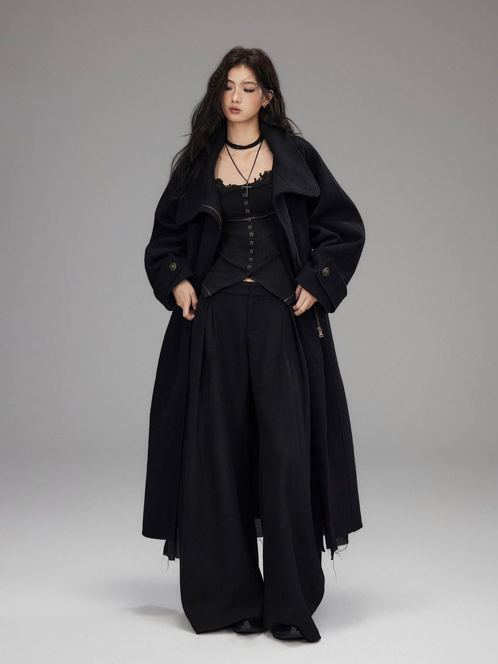 Black Wool Blend Low Rise Zipper Casual Straight Hem Women Wide Leg Pants