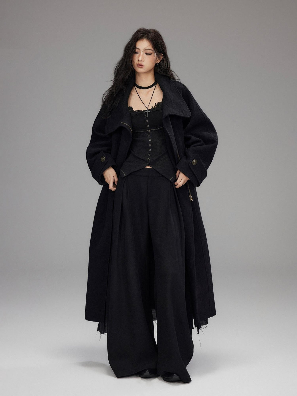 Black Wool Blend Low Rise Zipper Casual Straight Hem Women Wide Leg Pants