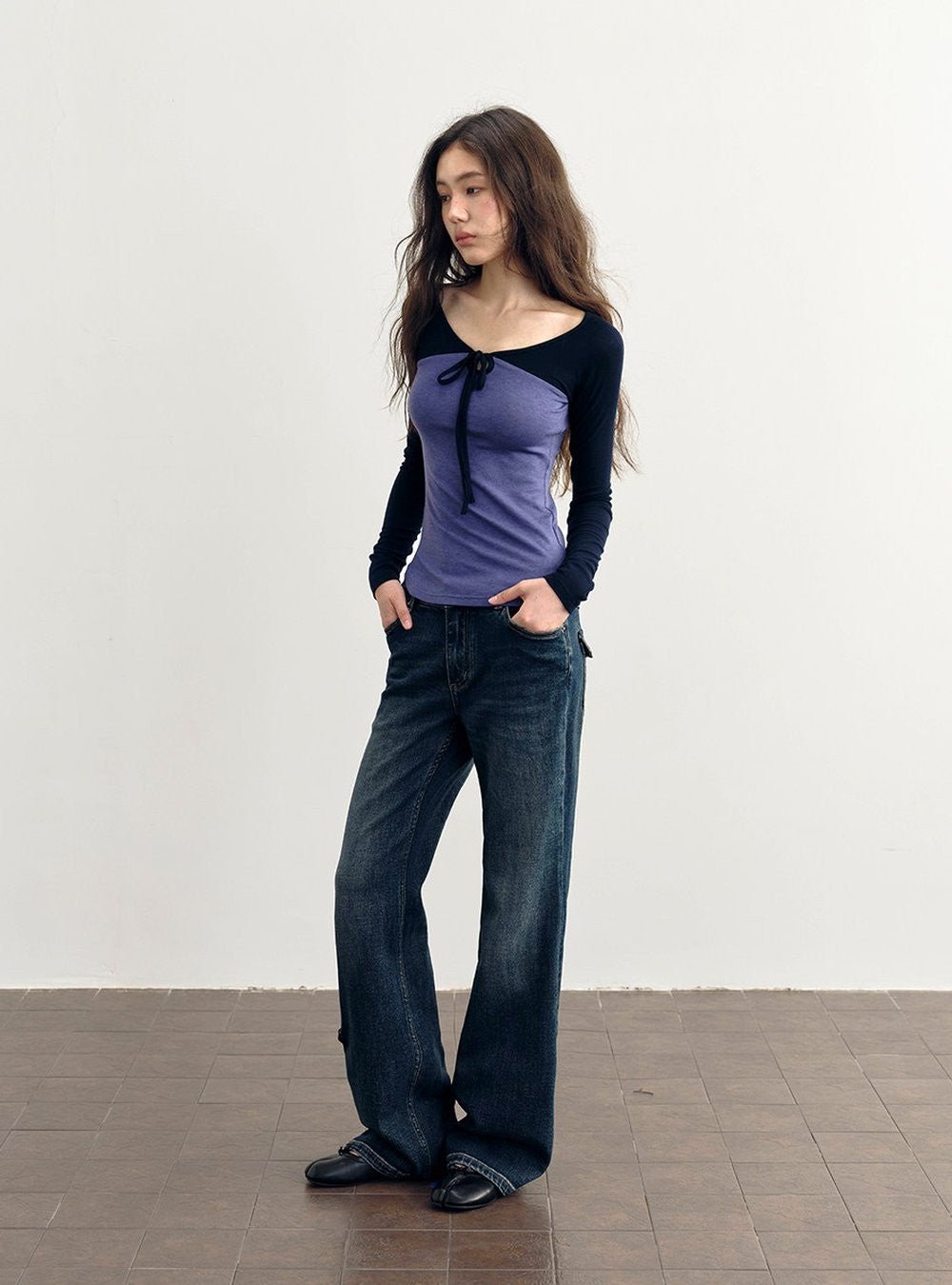 Colorblock Tie Neck Top