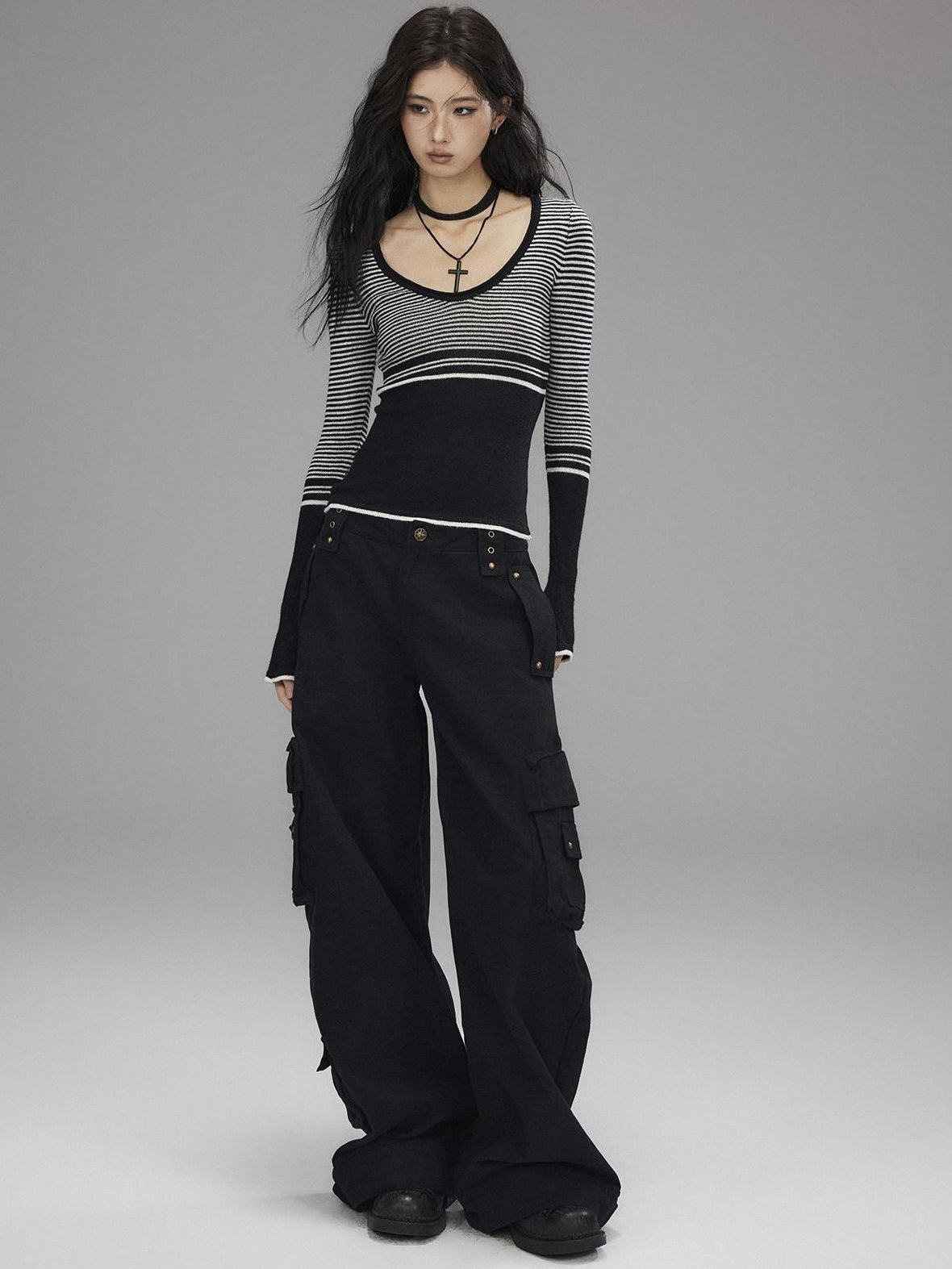 Soft Acrylic Slim V-neck Striped Casual Women Everyday Long Sleeve T-Shirts