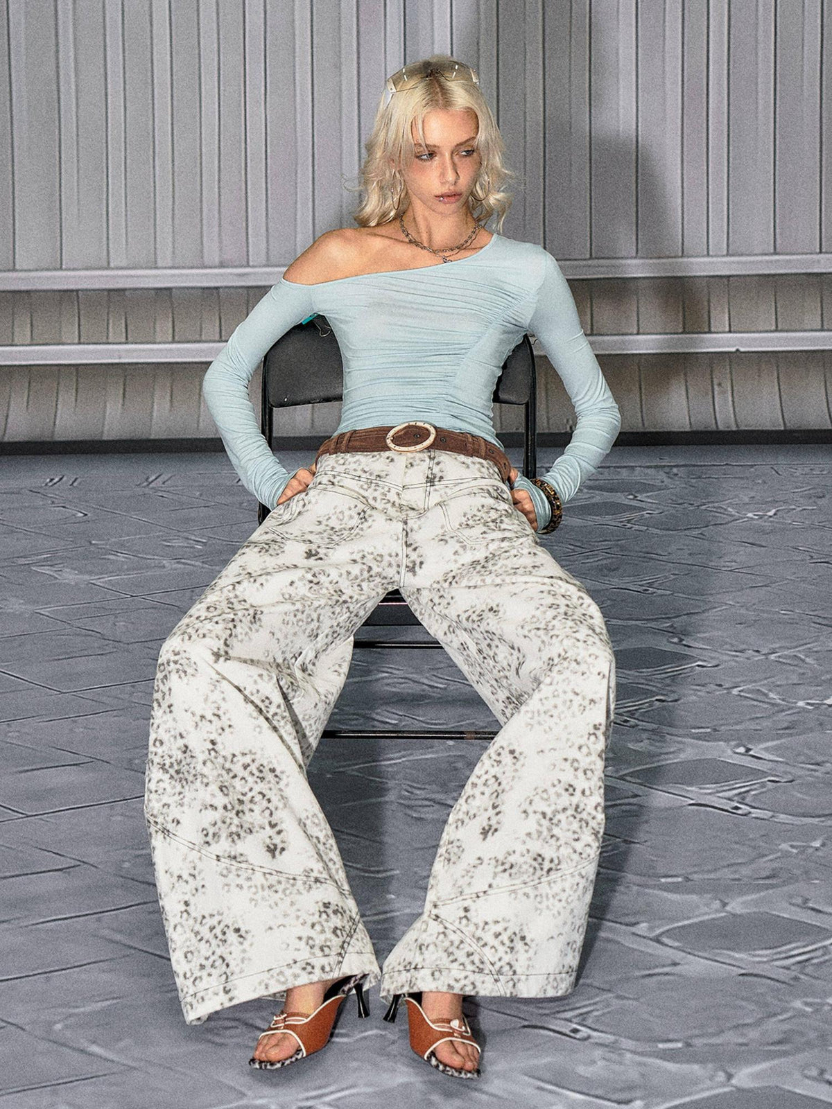 Leopard Cotton Zipper Natural Waist Loose Fit Sexy Women Wide Leg Jeans