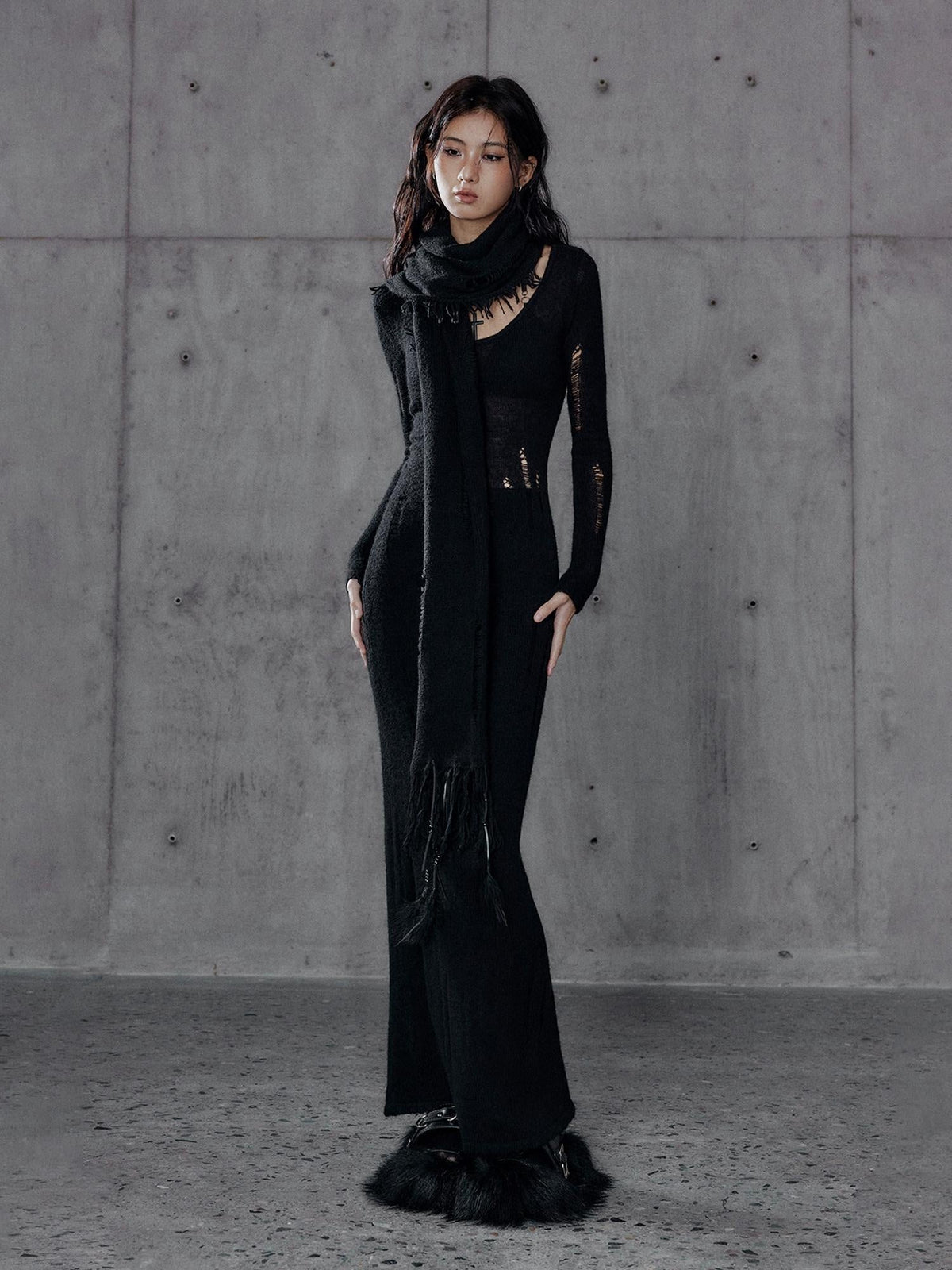 Waist Defining Wool Knit Tassel Casual Long Sleeve Round Neck Black Maxi Dresses