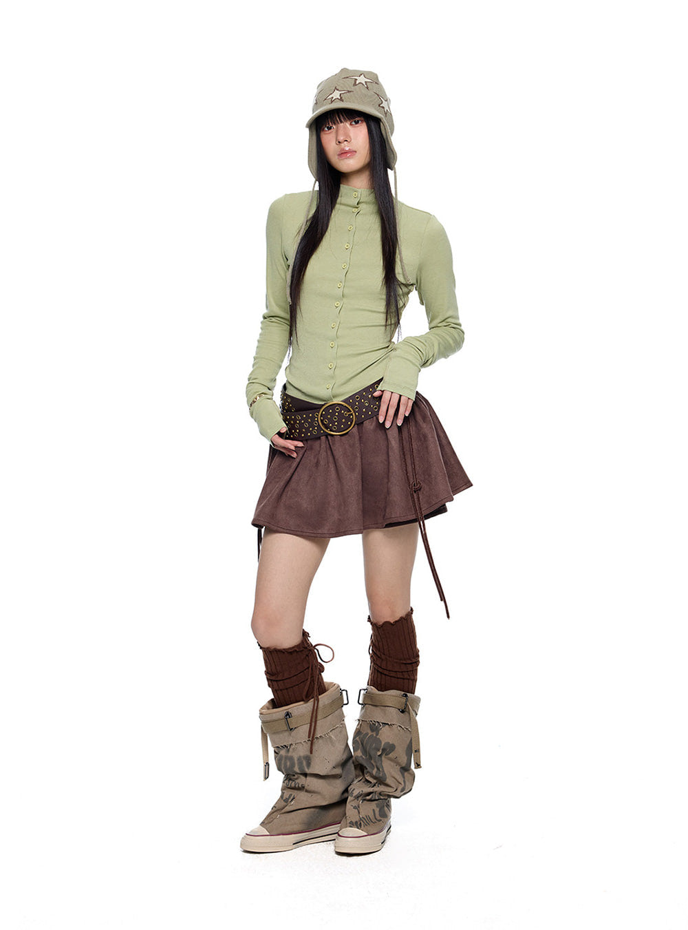 Studded Drawstring Layered Mini Skirt