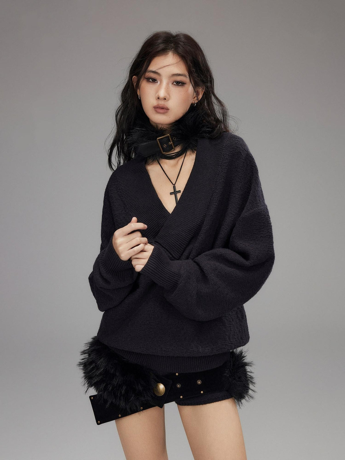 Knitted Wool Blend Loose Street Style Women Two Piece Set Navy Mini Shorts