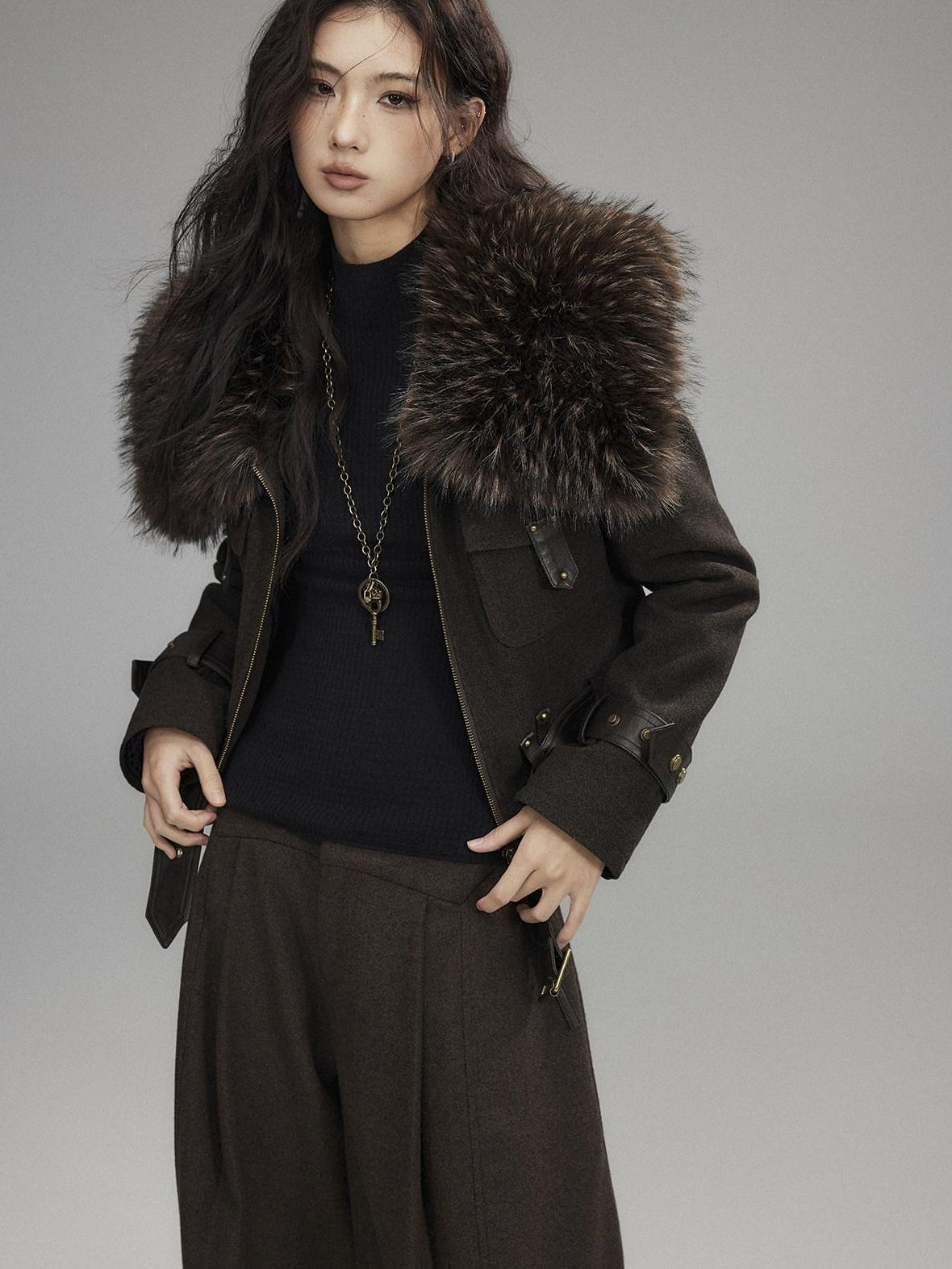 Thick Wool Blend Slim Fit Sexy Lapel Zipper Brown Everyday Women Cropped Jackets