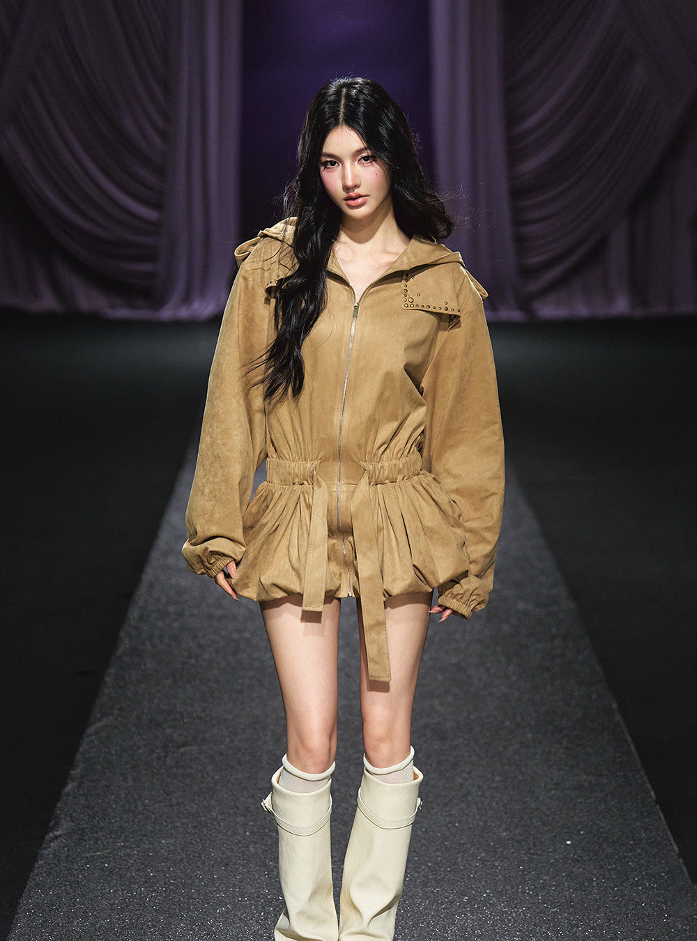 Suede Hooded Drawstring Jacket