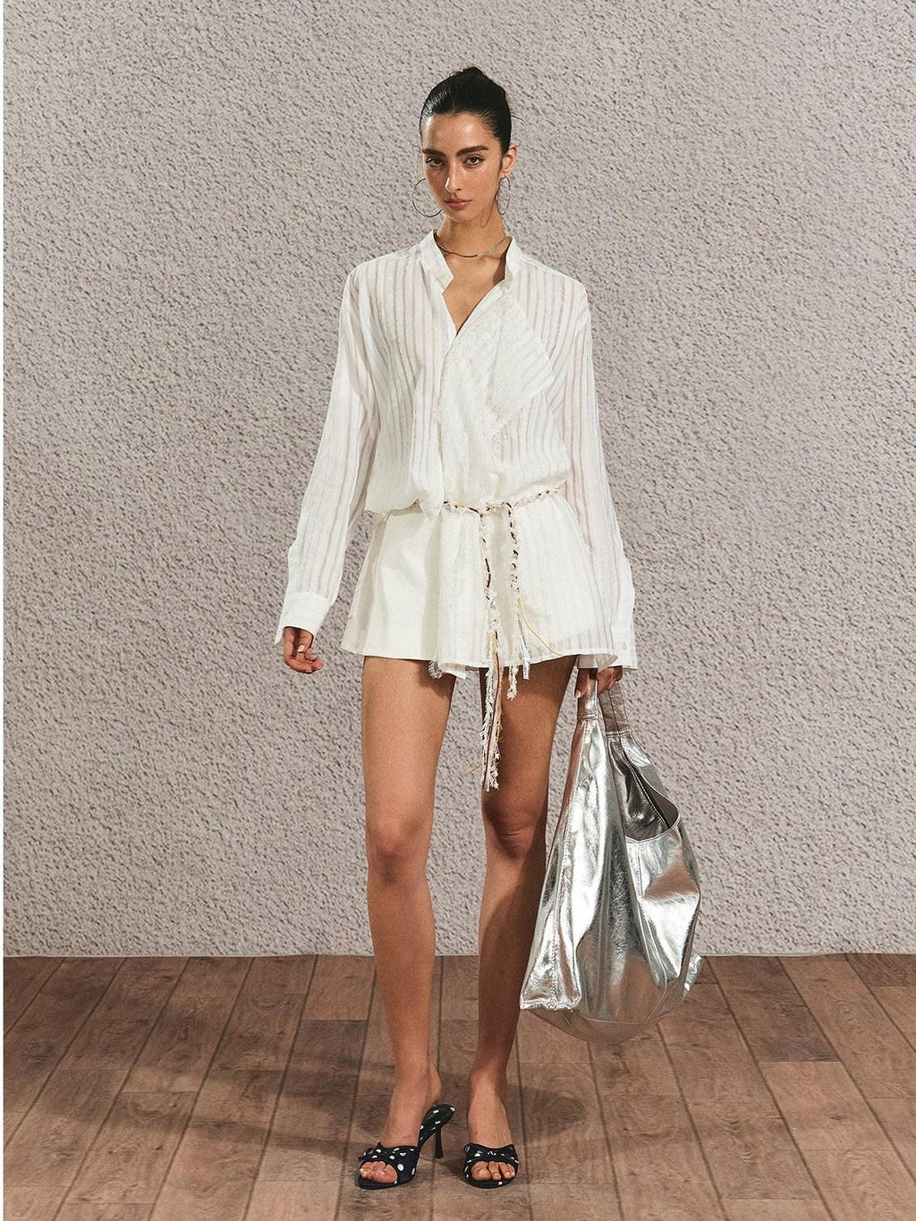 Breathable French Slim Button Stripe Open Cardigan Waist Tie Women Shirts