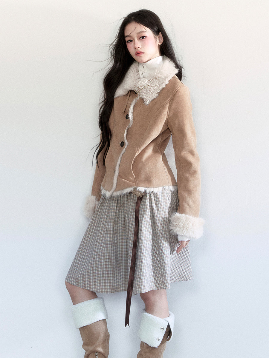Faux Suede Fitted Jacket With Fur Lining