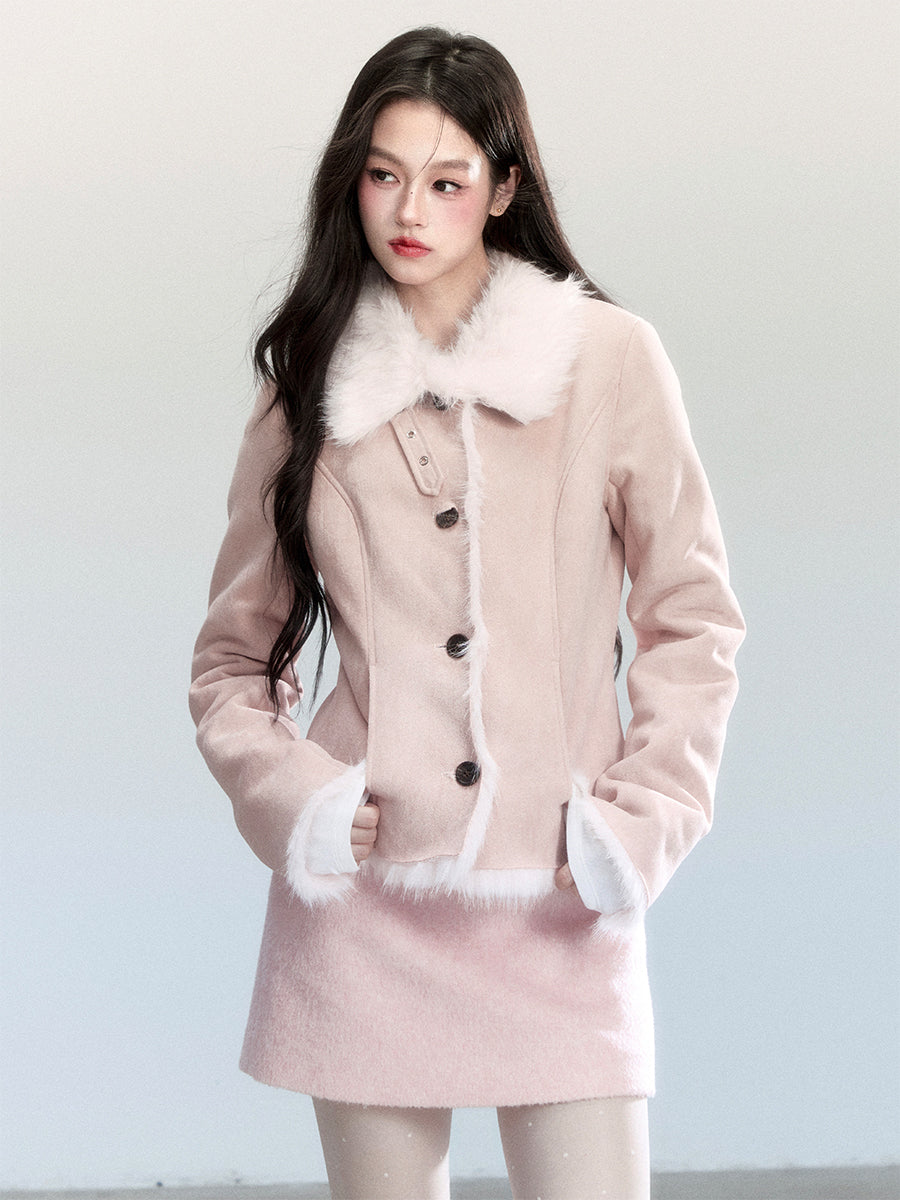 Faux Suede Fitted Jacket With Fur Lining