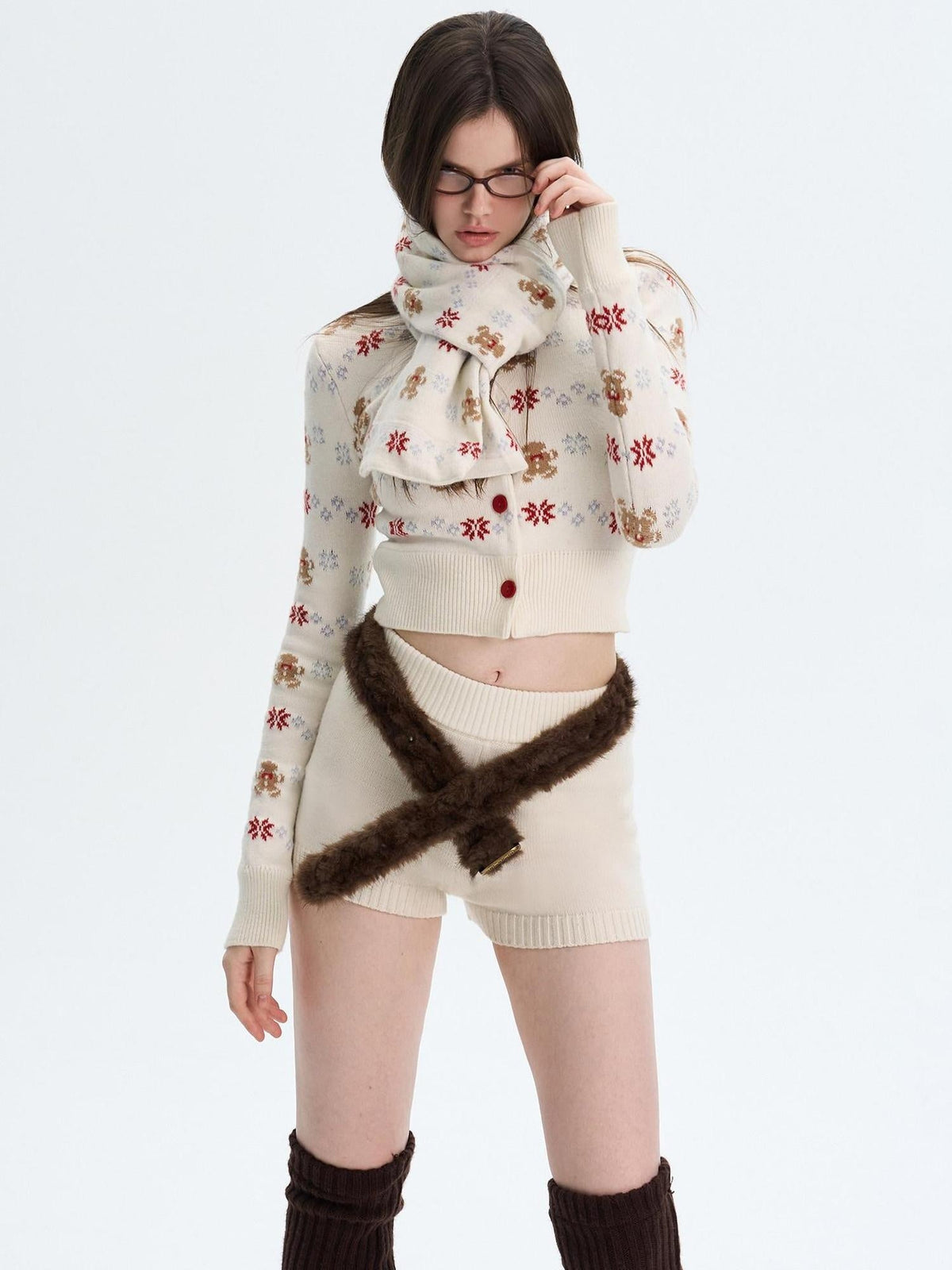 Cashmere Blend Bear Jacquard Cute Slim Cropped Crewneck Knitwear Cardigans