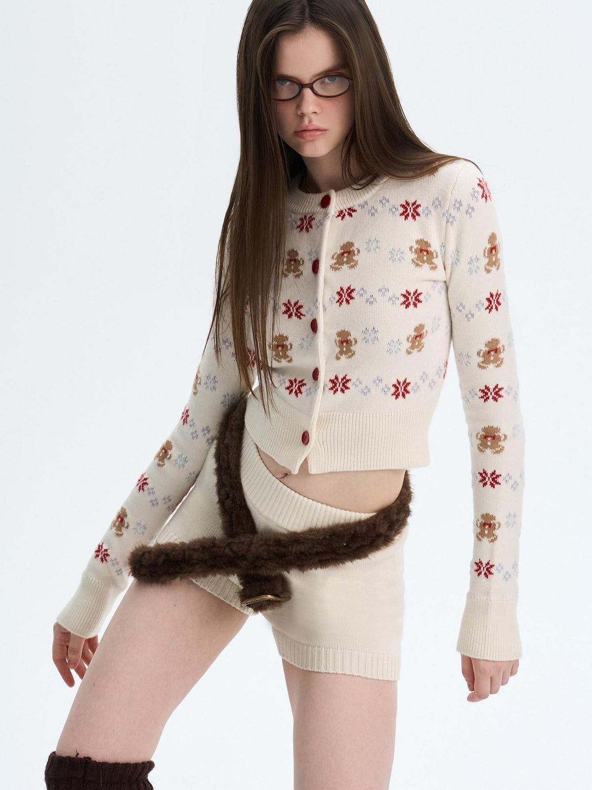Cashmere Blend Bear Jacquard Cute Slim Cropped Crewneck Knitwear Cardigans