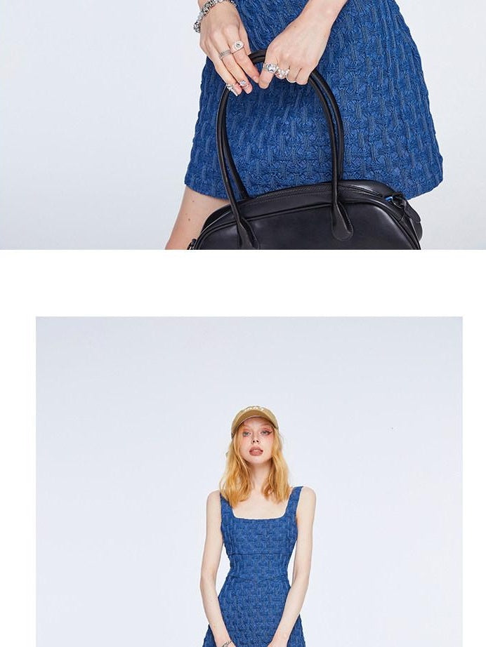 Embroidered High Waist Cotton A Line Square Neck Casual Women Blue Mini Dresses