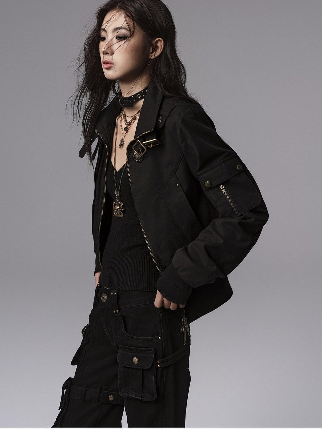 Windproof Vintage Slim Metal Detail Women Cotton Lyocell Button Cropped Jackets