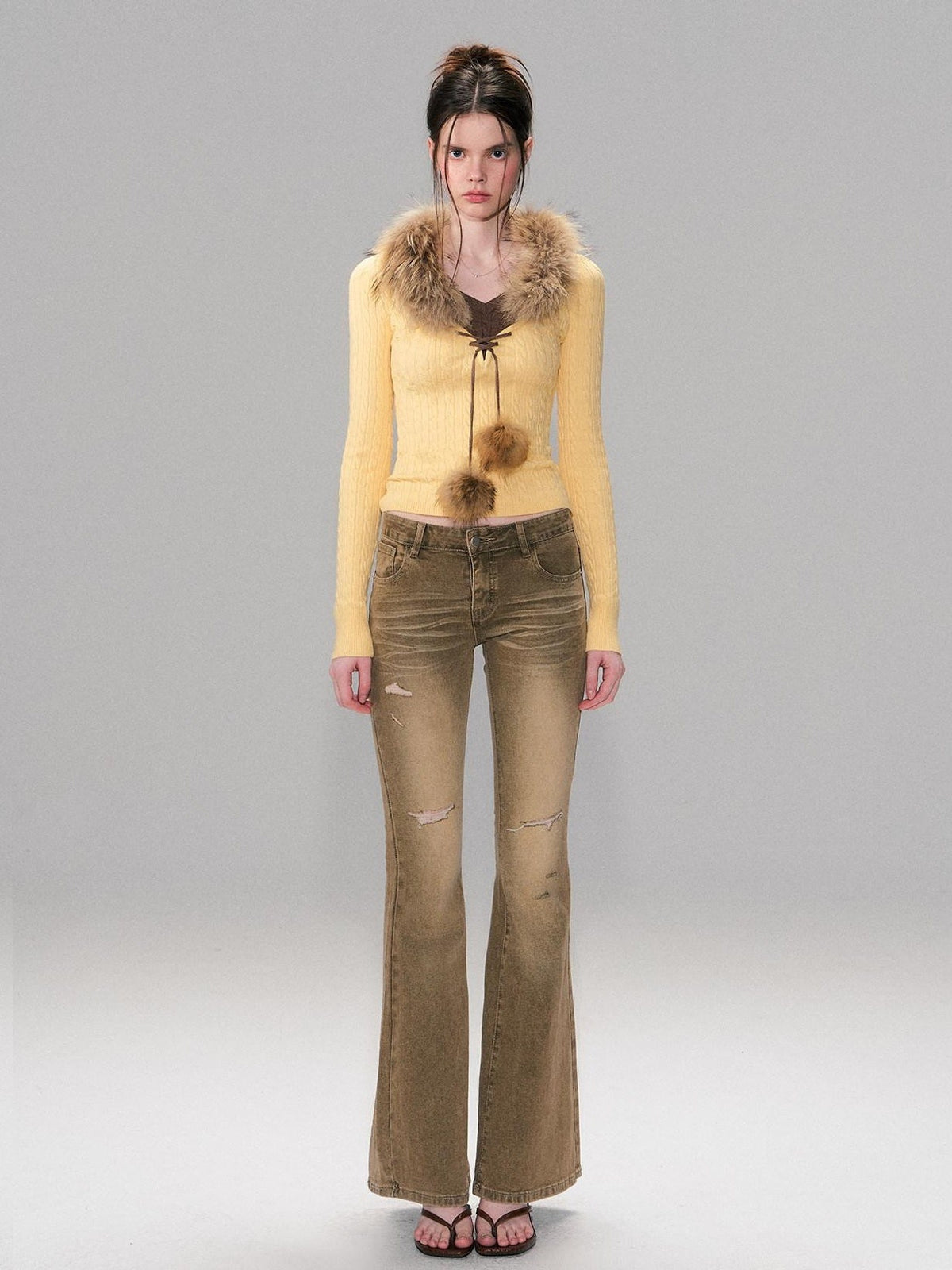 Brown Washed Low Rise Ripped Sexy Slim Fit Cotton Slight Stretch Womens Jeans