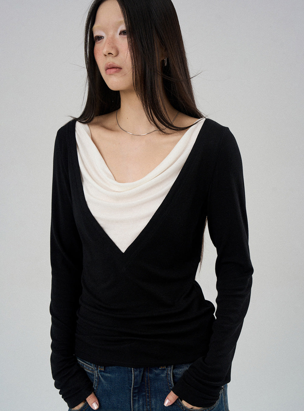 Drape Neck Faux Layered Long Sleeve (2color)