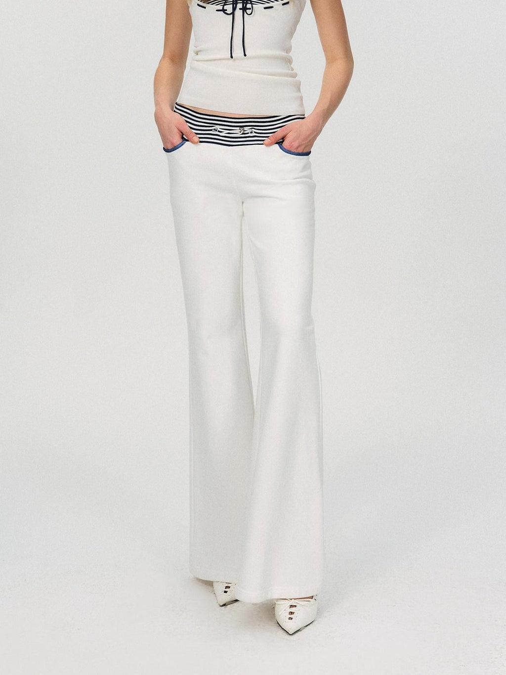 Comfortable Casual Cotton Blend Slight Flare Mid Rise Women White Straight Pants