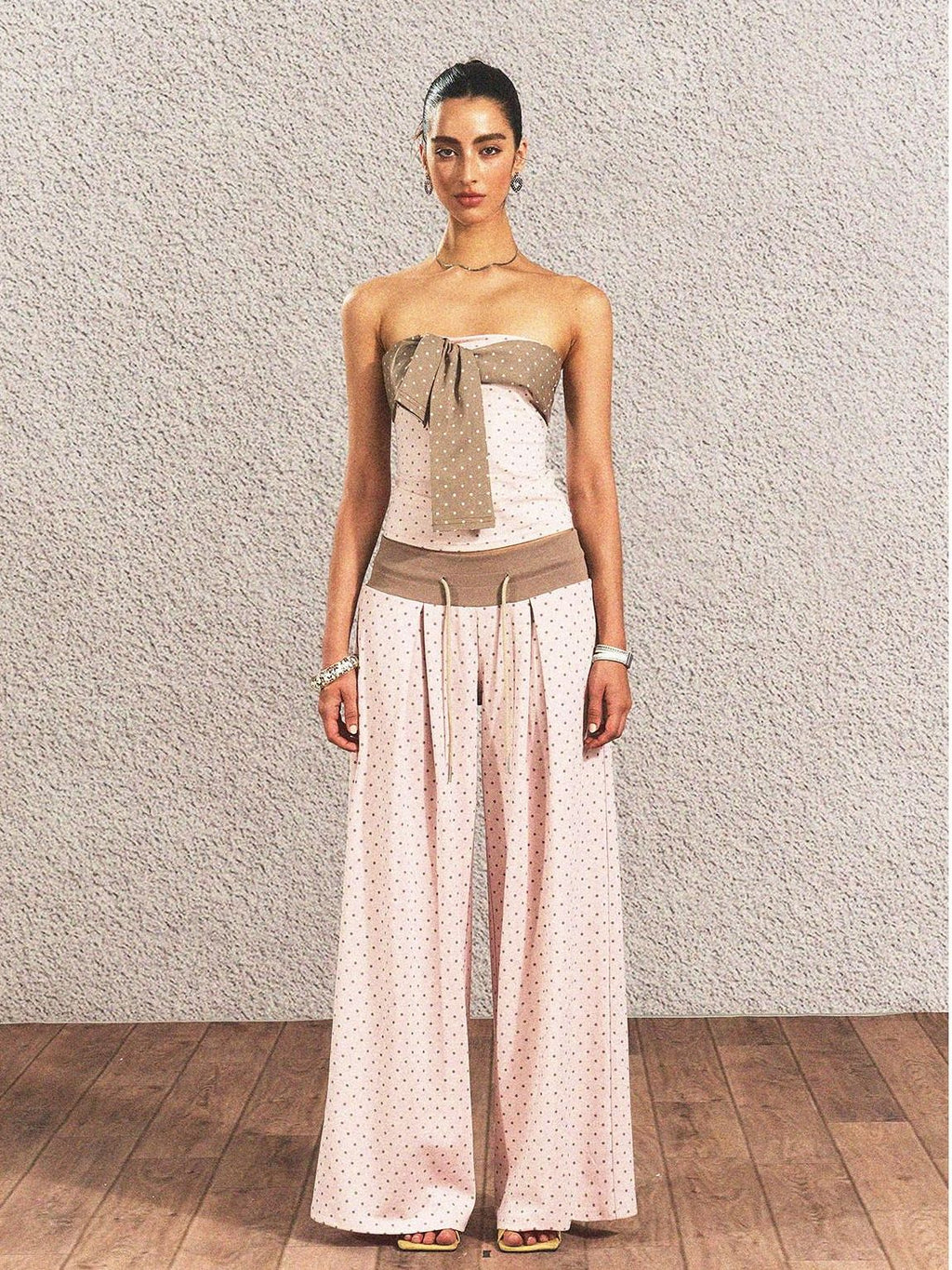 Polka Dot Cotton Two Piece Colorblock Sexy High Waist Pants Tube Tops