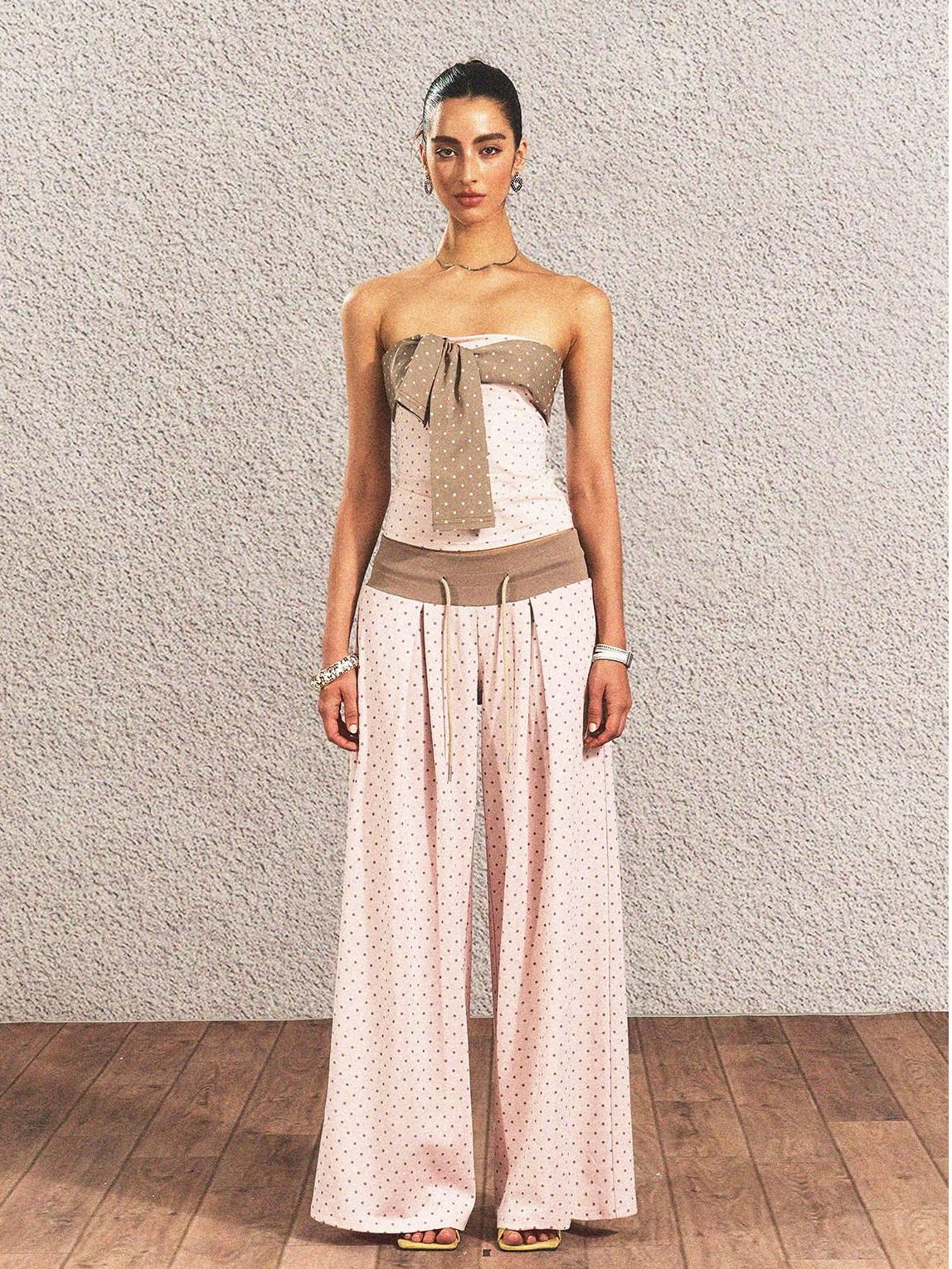 Polka Dot Cotton Two Piece Colorblock Sexy High Waist Pants Tube Tops