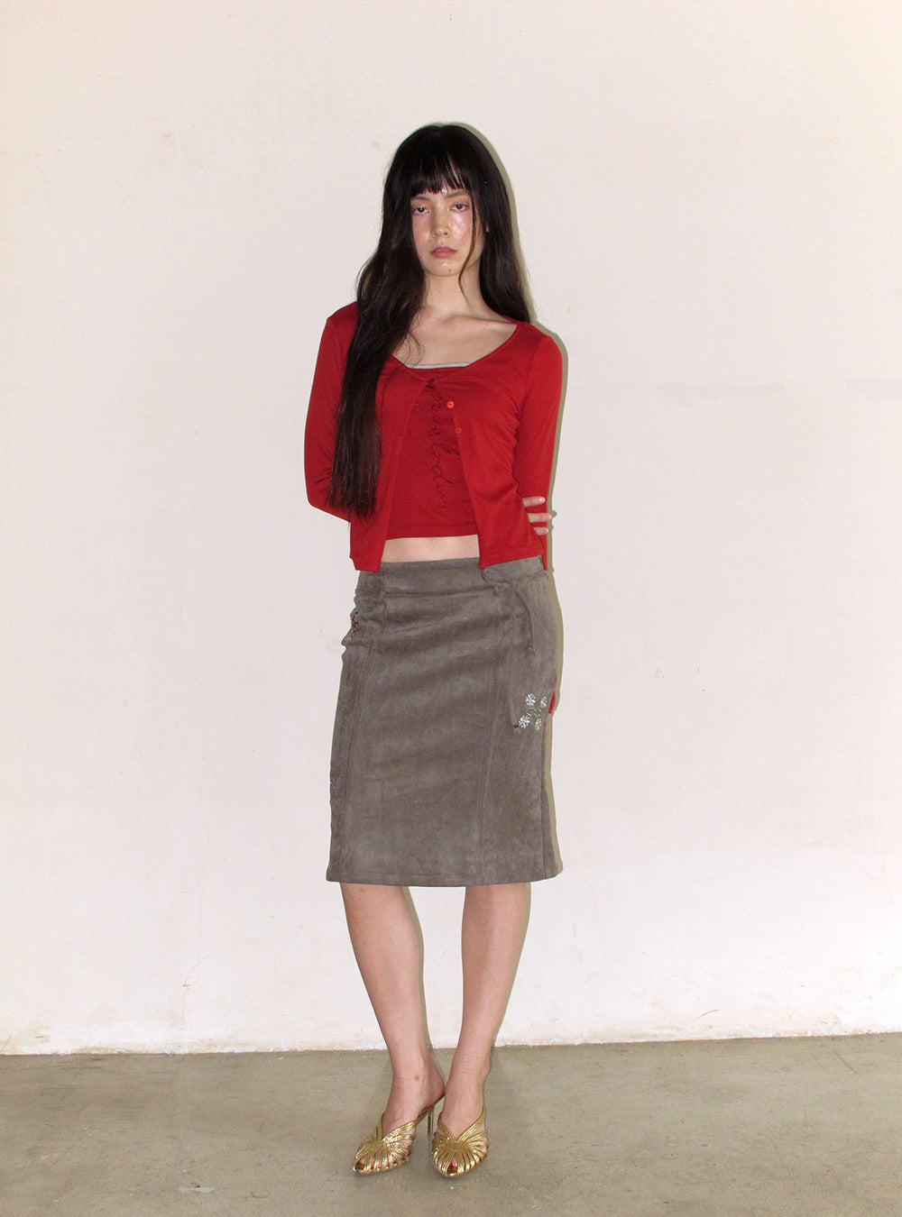 Soft Suede Botanical Stitch Midi Skirt