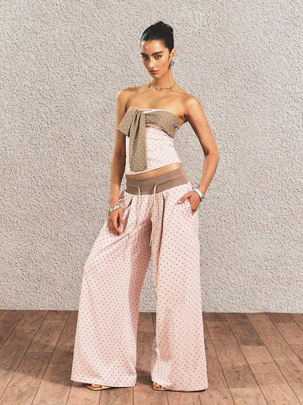 Polka Dot Cotton Two Piece Colorblock Sexy High Waist Pants Tube Tops