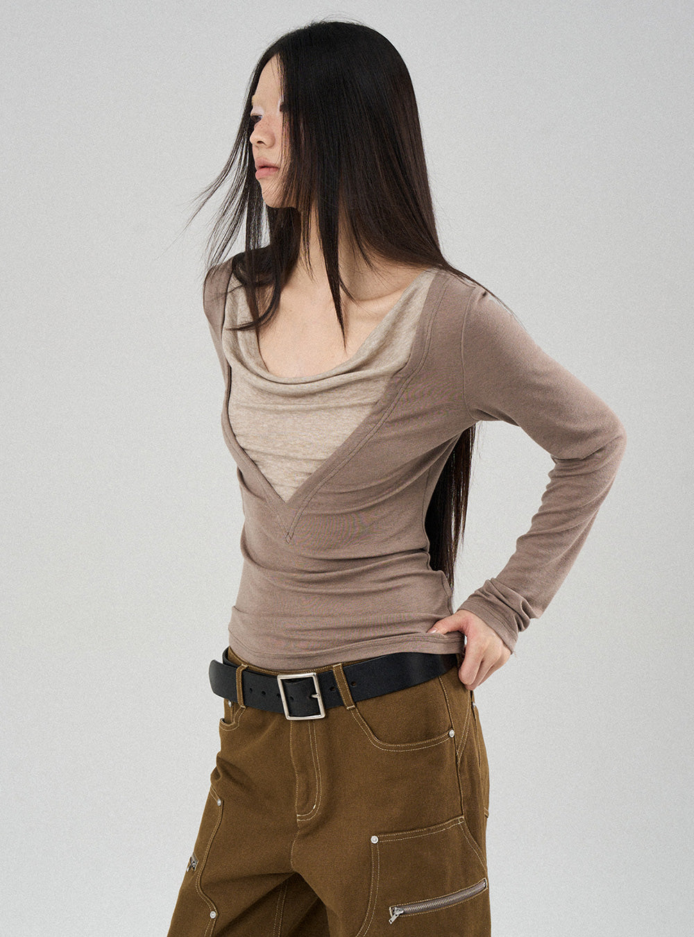 Drape Neck Faux Layered Long Sleeve (2color)