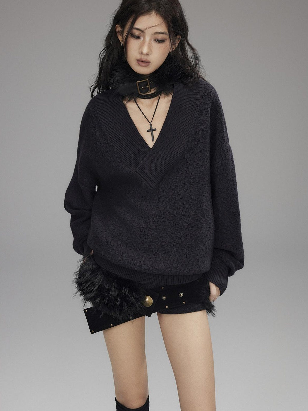 Knitted Wool Blend Loose Street Style Women Two Piece Set Navy Mini Shorts