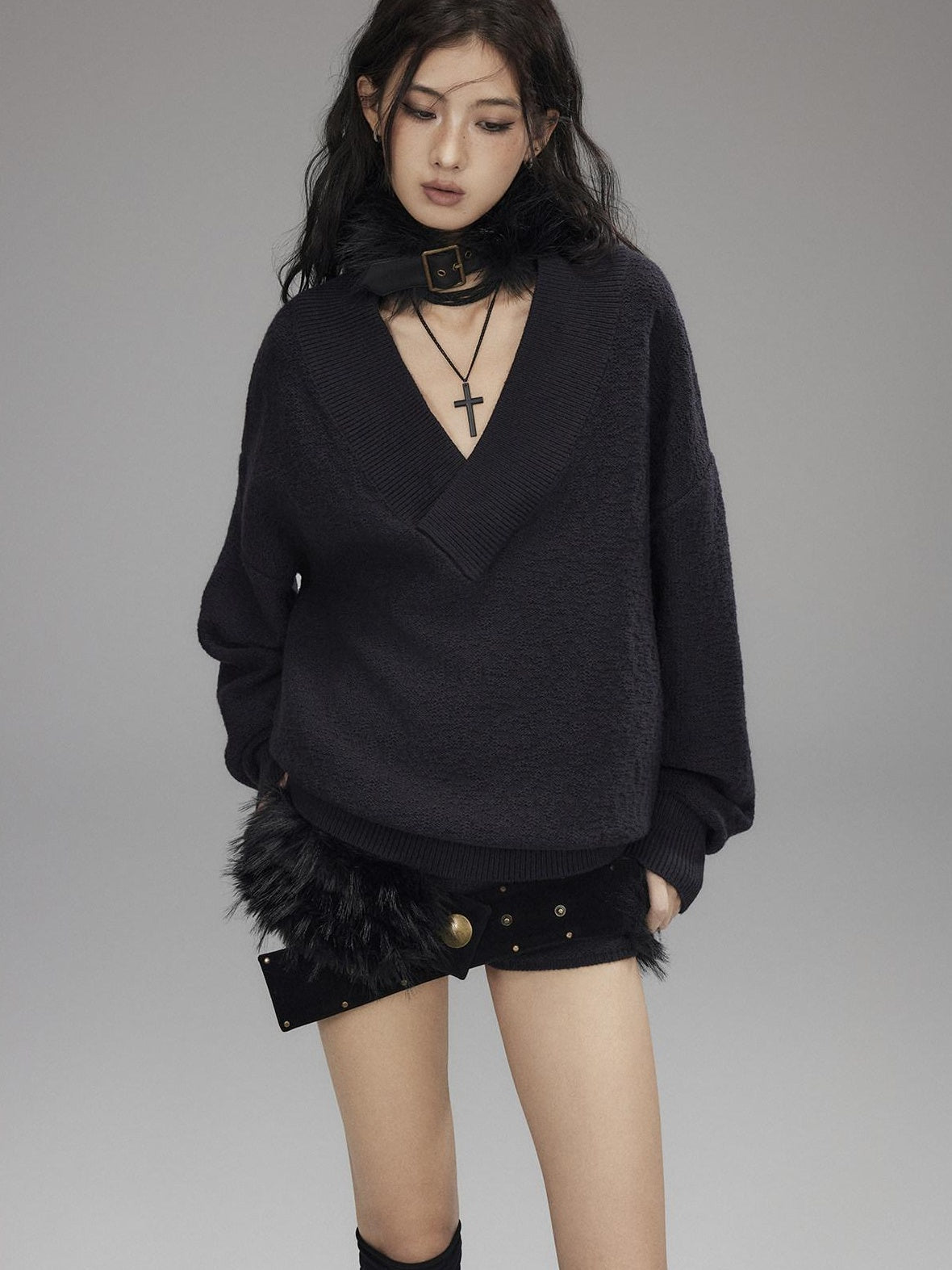 Knitted Wool Blend Loose Street Style Women Two Piece Set Navy Mini Shorts
