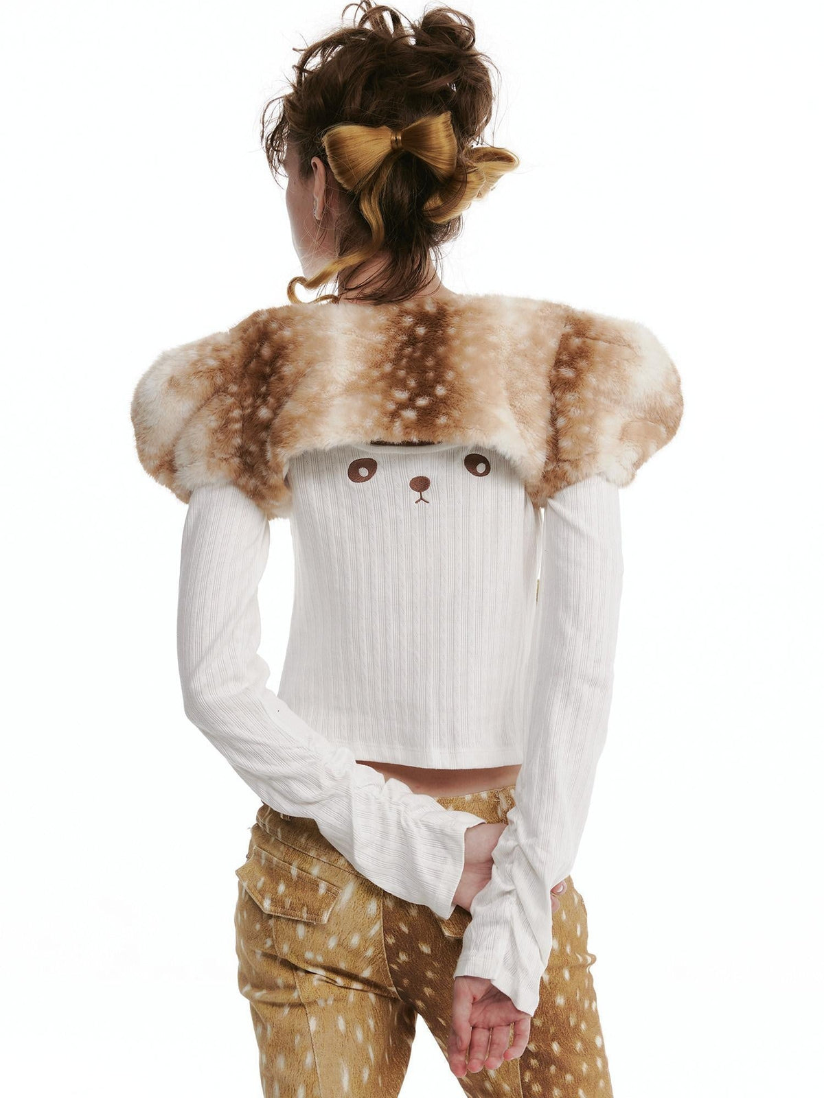 Pure Cotton Long Sleeve Casual Cute Bear Women Off Shoulder Crop Tops