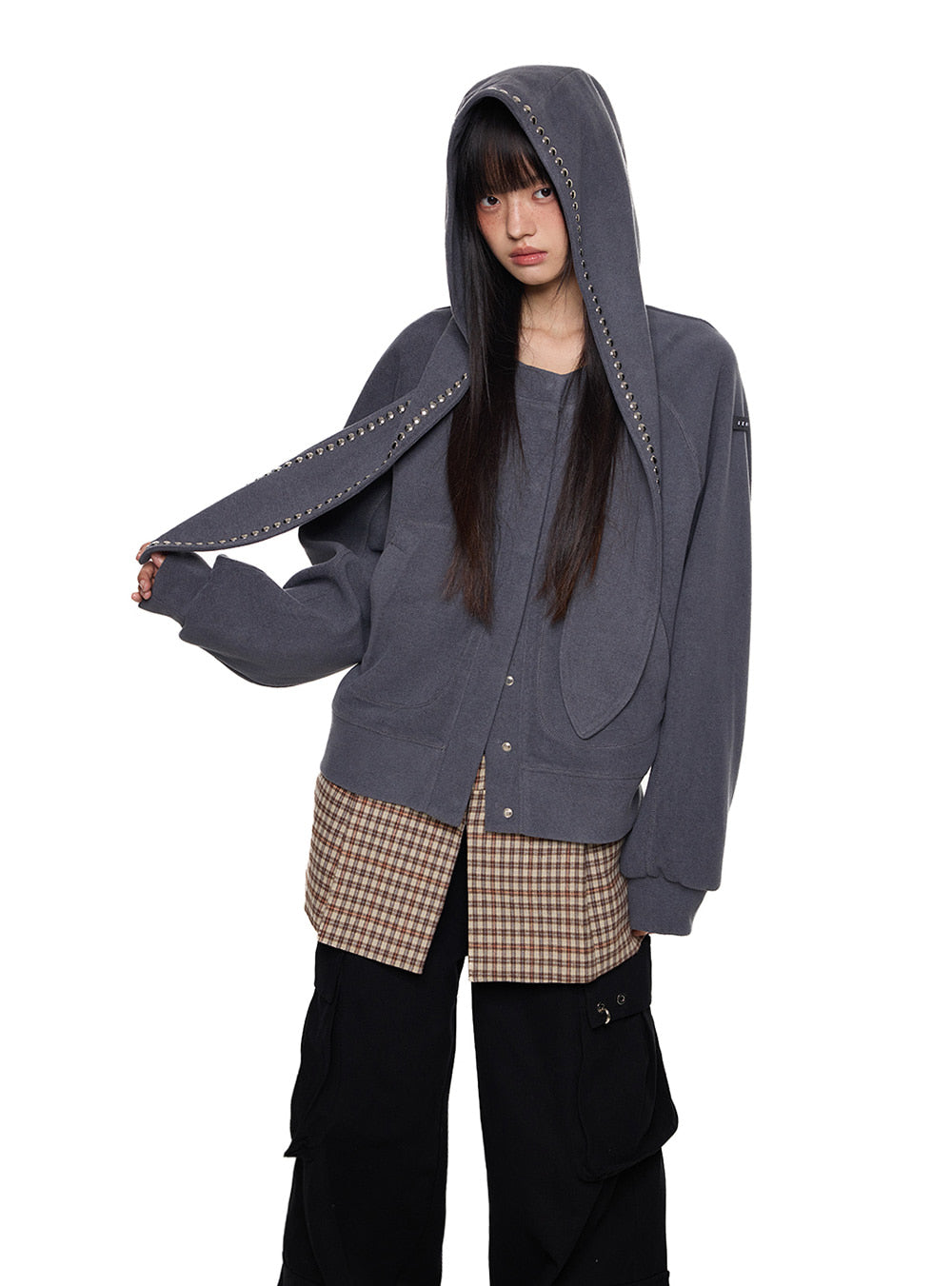 Soft Studded Bunny-Hood Zip Jacket (3color)