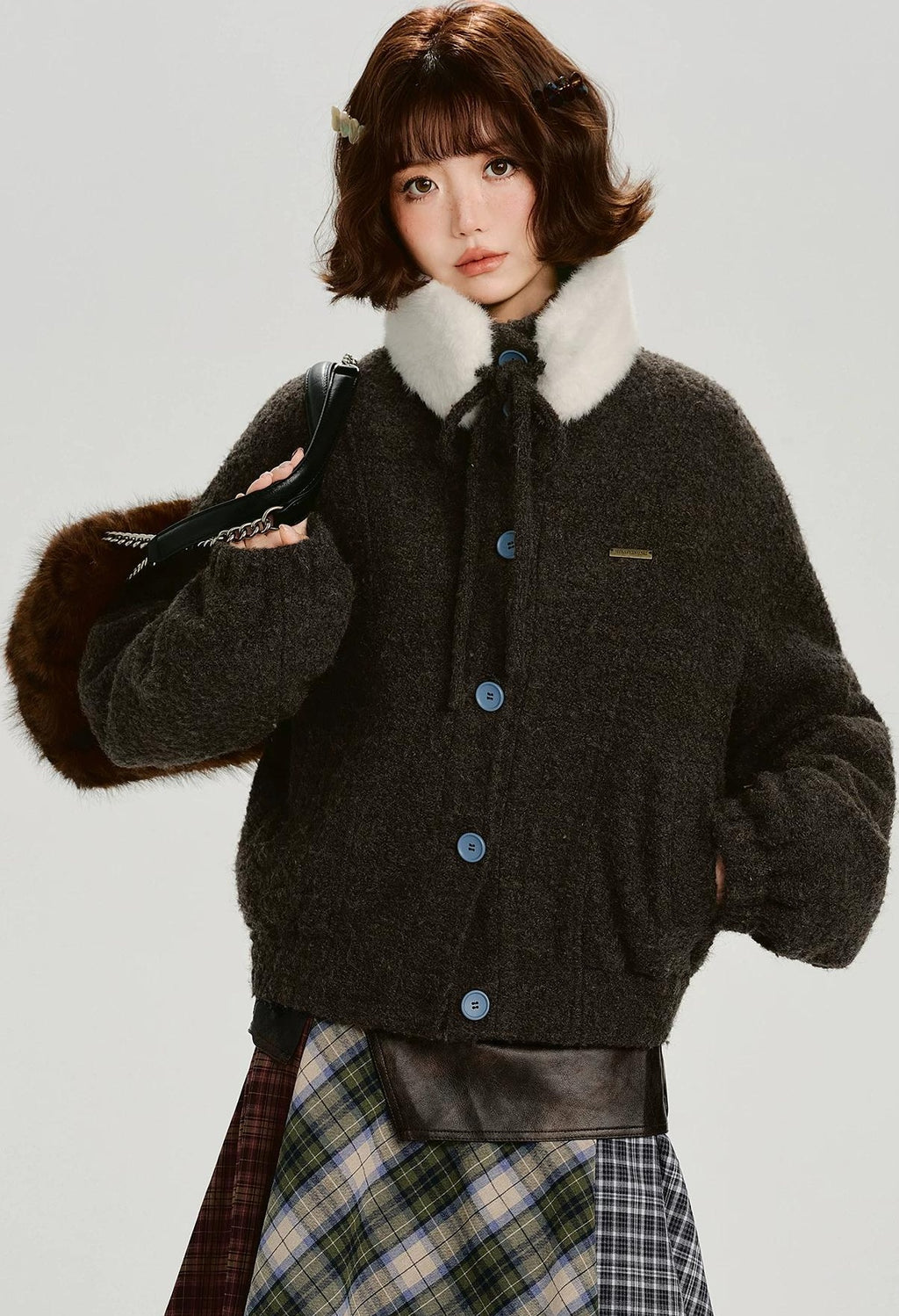Girlyhalo |  RETRO FUR COLLAR TWEED JACKET【ID:TN00012】
