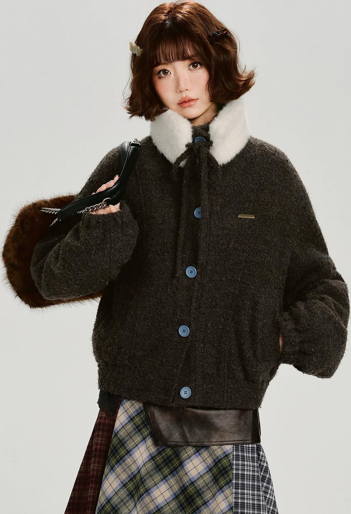 Girlyhalo |  RETRO FUR COLLAR TWEED JACKET【ID:TN00012】