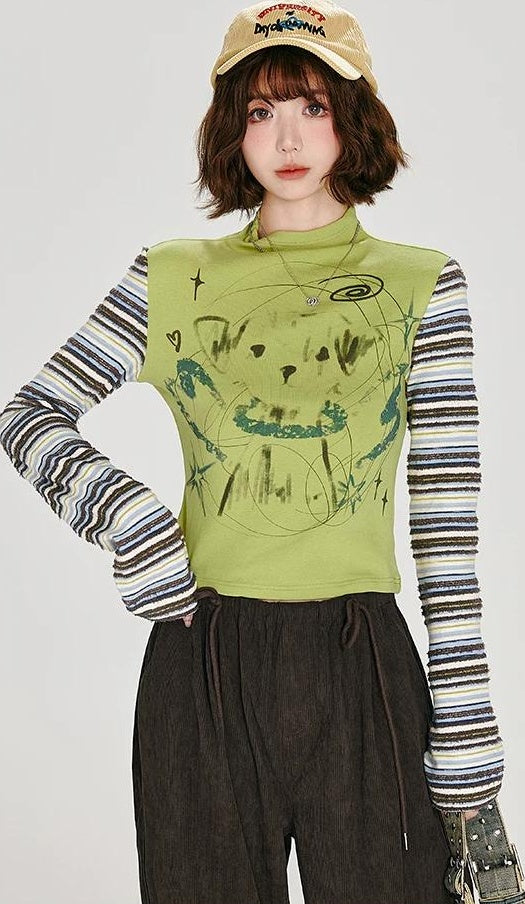 Girlyhalo |  RETRO STRIPED LONG-SLEEVE TOP【ID:TN00007】