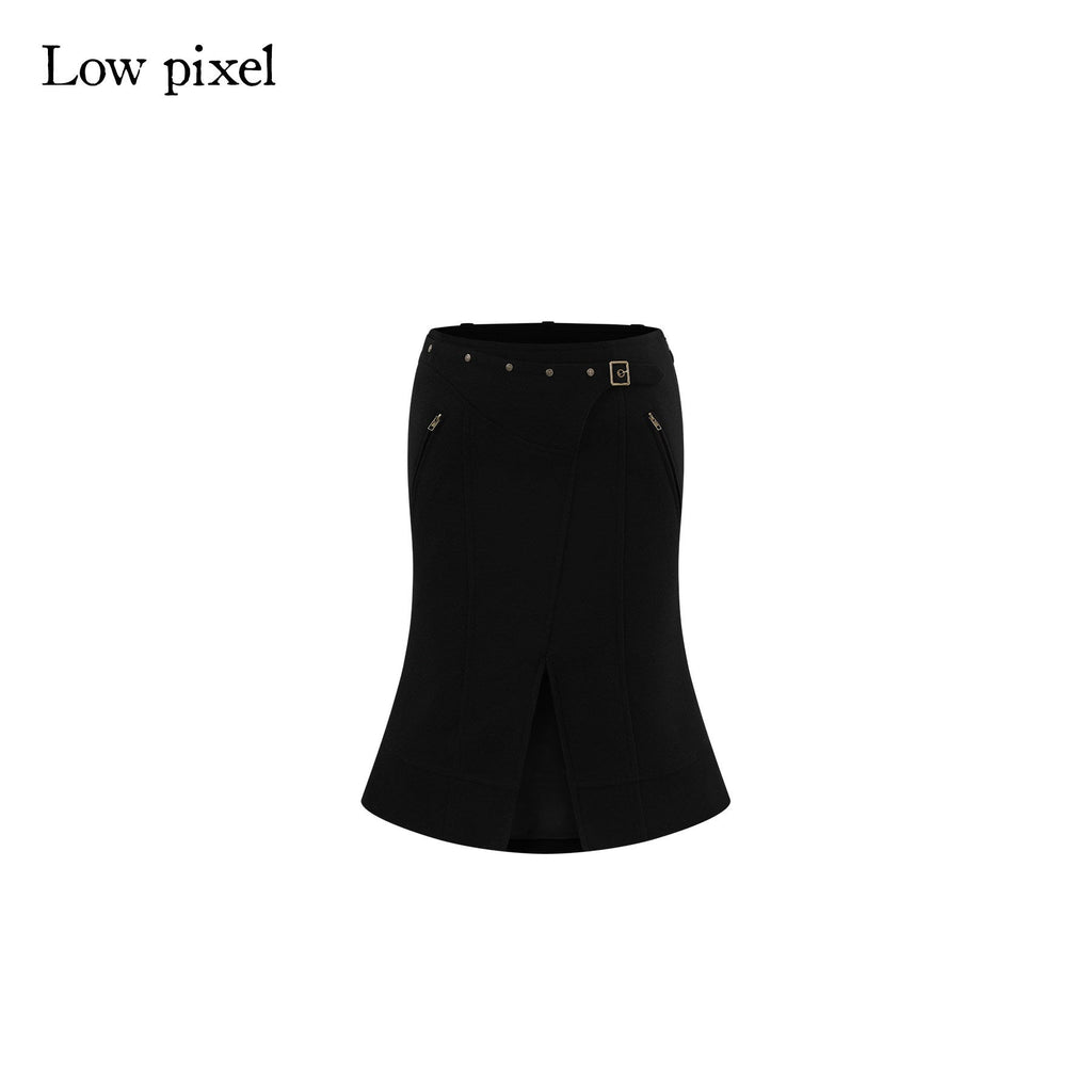 Wool Blend Lined Patchwork Hline Slim Low Waist Black Side Zip Midi Skirts