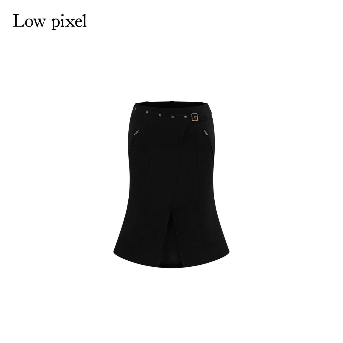 Wool Blend Lined Patchwork Hline Slim Low Waist Black Side Zip Midi Skirts
