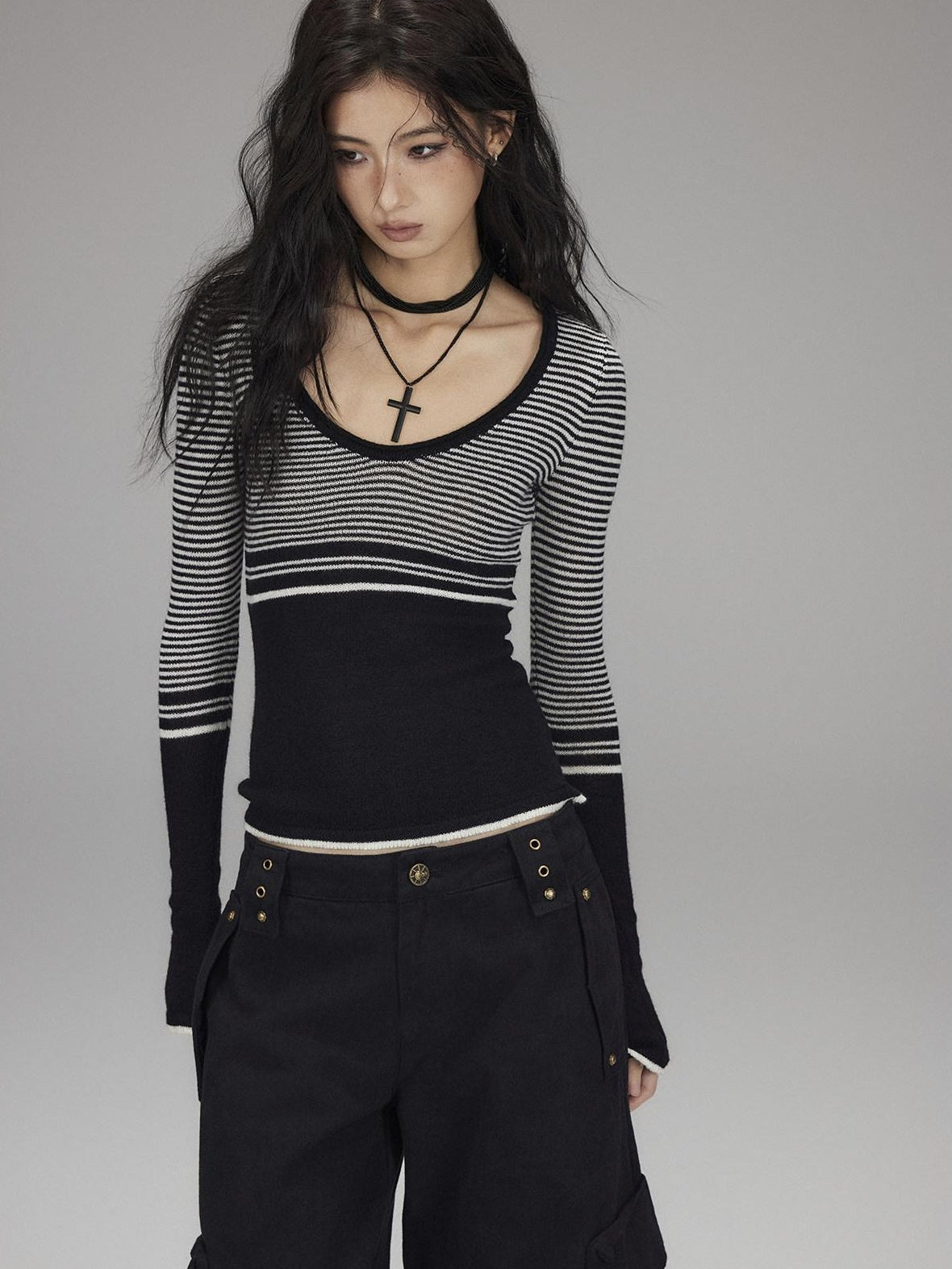 Soft Acrylic Slim V-neck Striped Casual Women Everyday Long Sleeve T-Shirts