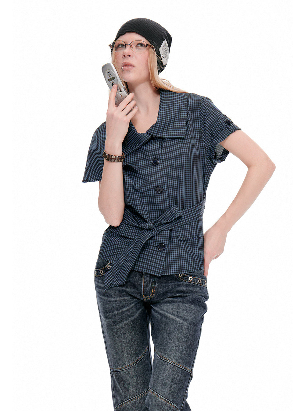 Flare Collar Check Top (2color)