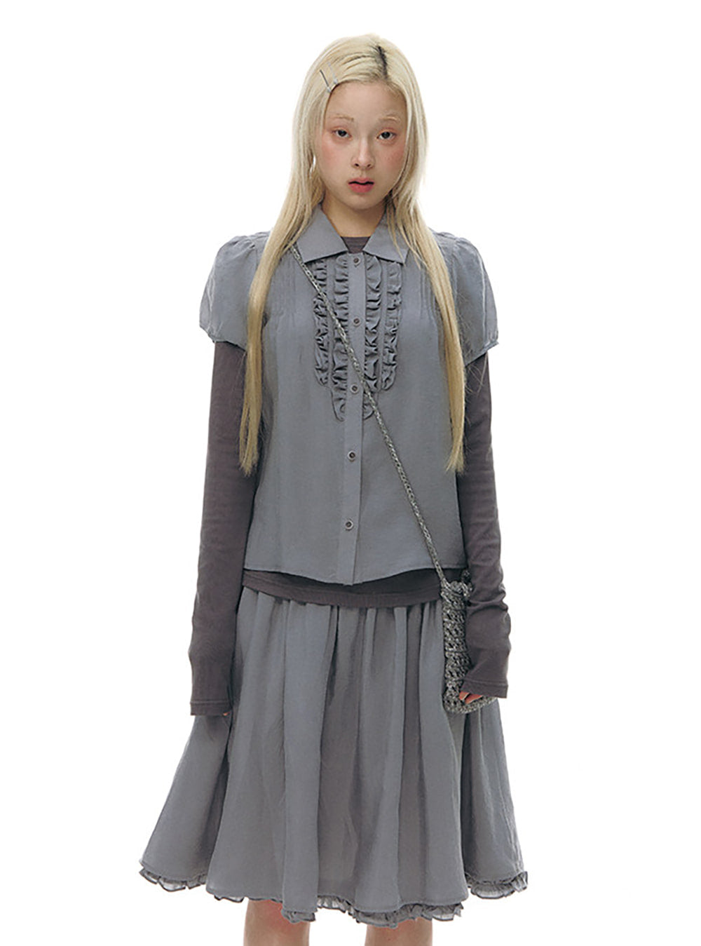Velour Frill Panel Shirt & Flare Skirt