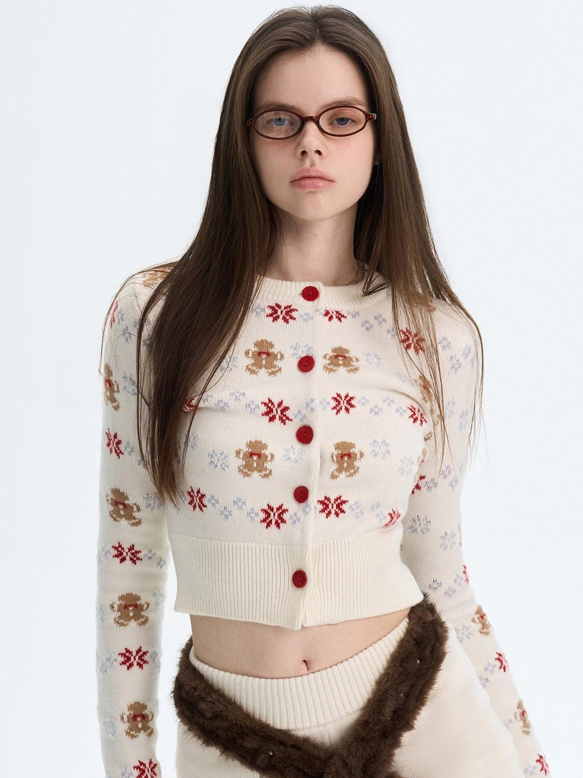 Cashmere Blend Bear Jacquard Cute Slim Cropped Crewneck Knitwear Cardigans