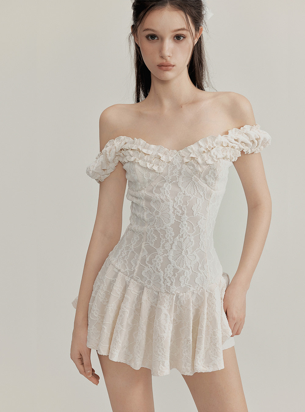 Jacquard Lace Frill Flare Mini Dress