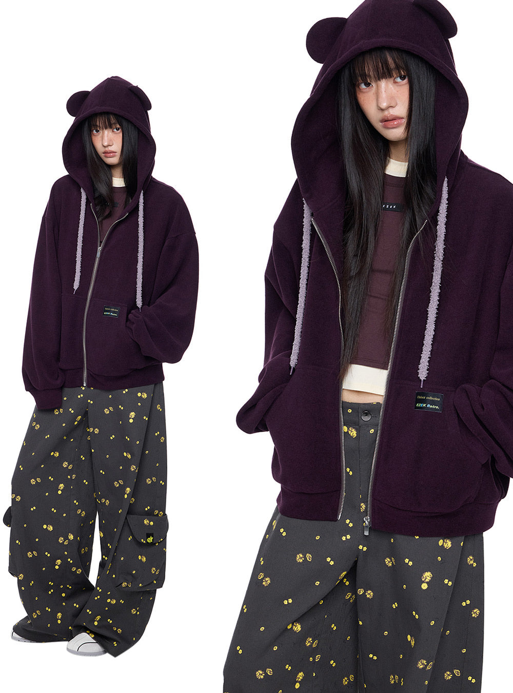 Cute Bear Ear Drawstring Hooded Zip-Up (2color)