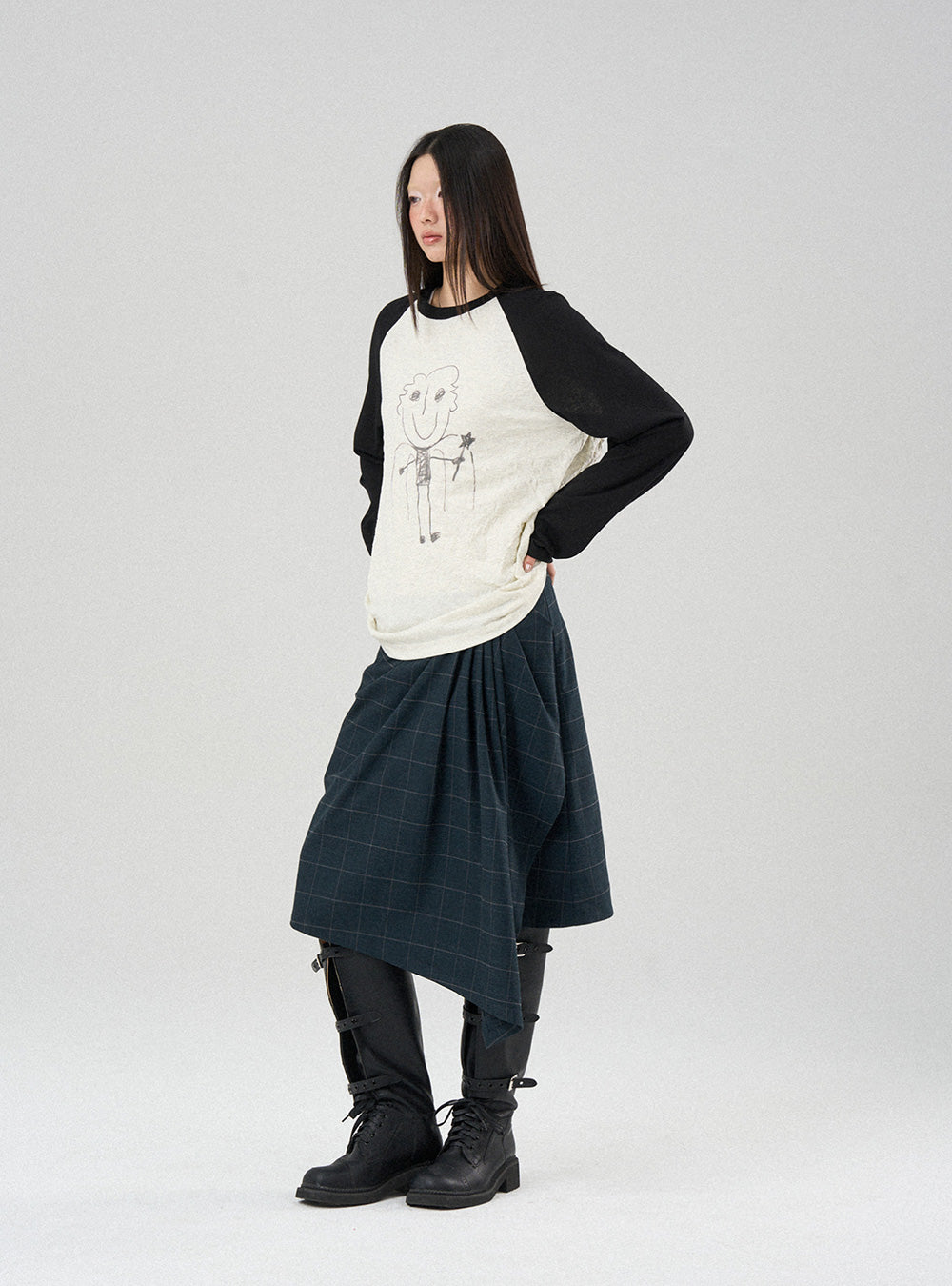 Asymmetric Pleated Plaid Check Skirt