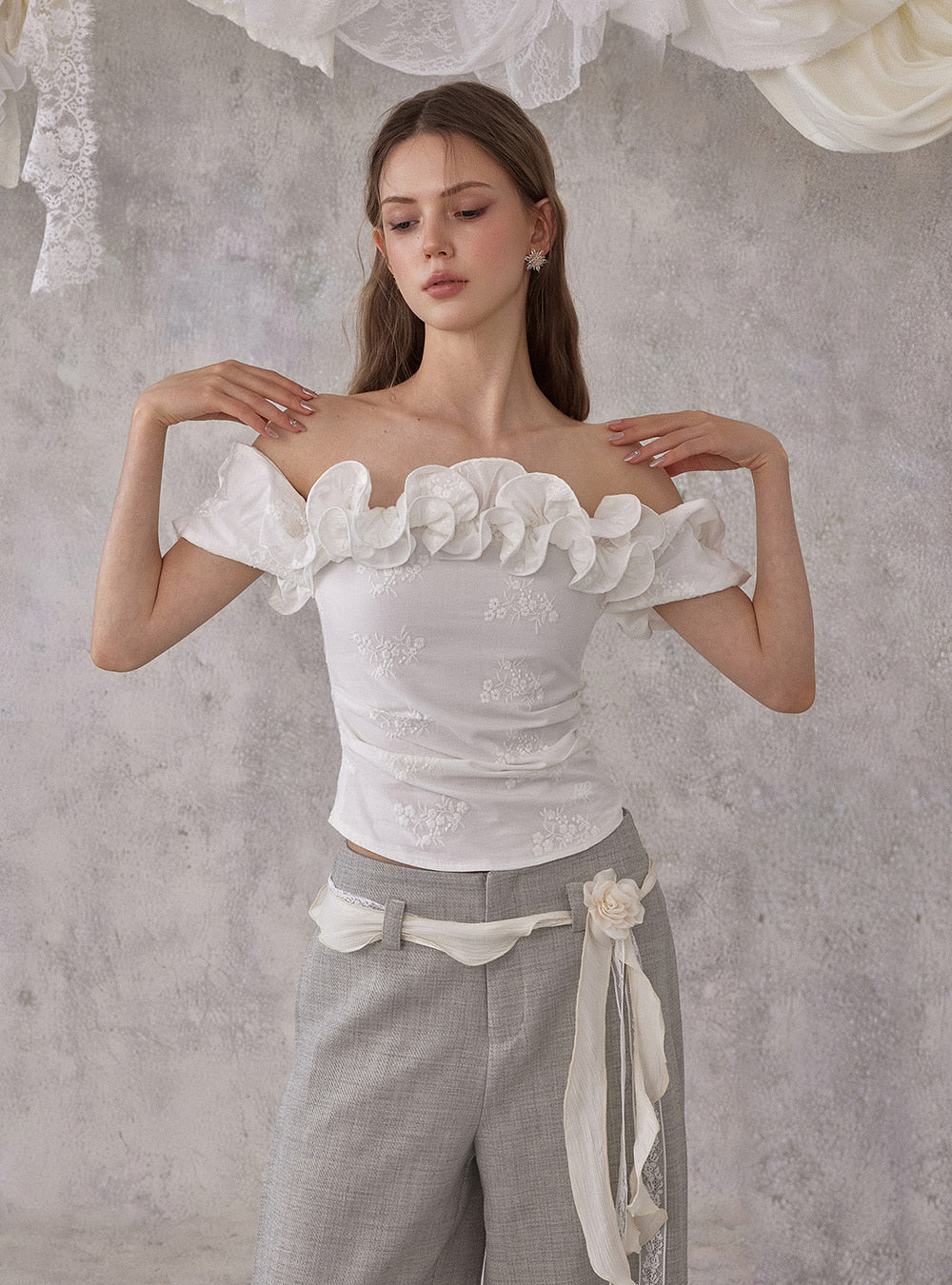 White Jacquard Off-Shoulder Frill Top