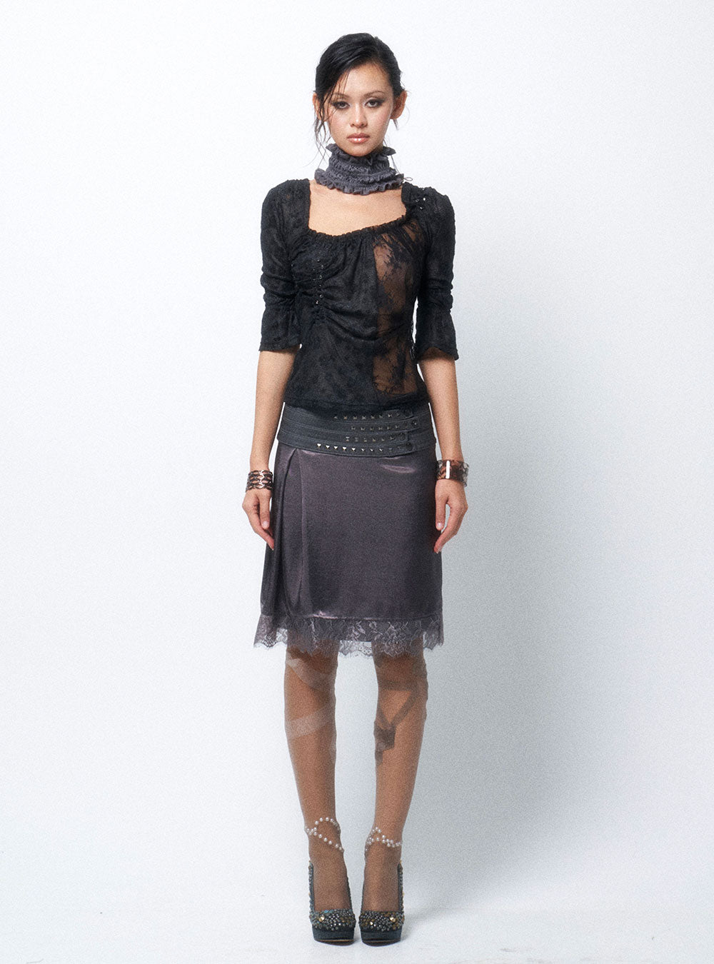 Noir Stud Satin Lace Skirt