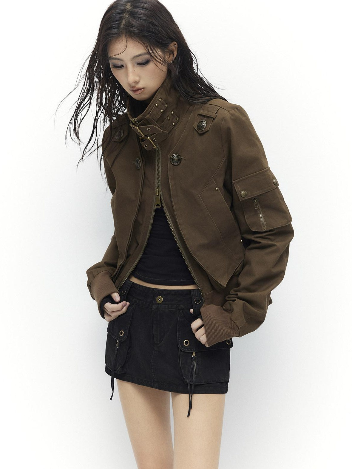Plush Lined Waist Cinch Dark Goth Slim Fit Women Zip High Collar Cropped Jackets