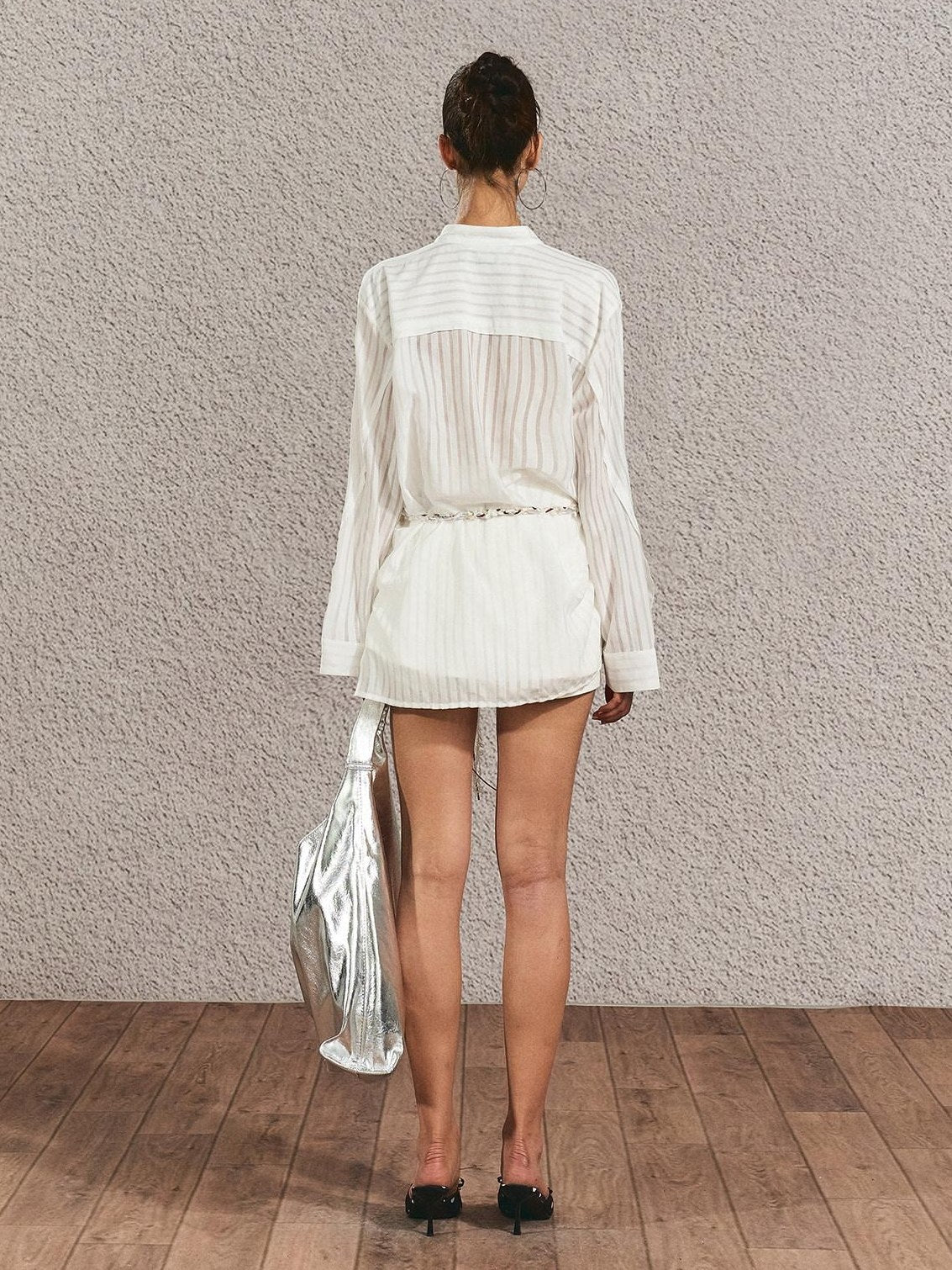 Breathable French Slim Button Stripe Open Cardigan Waist Tie Women Shirts